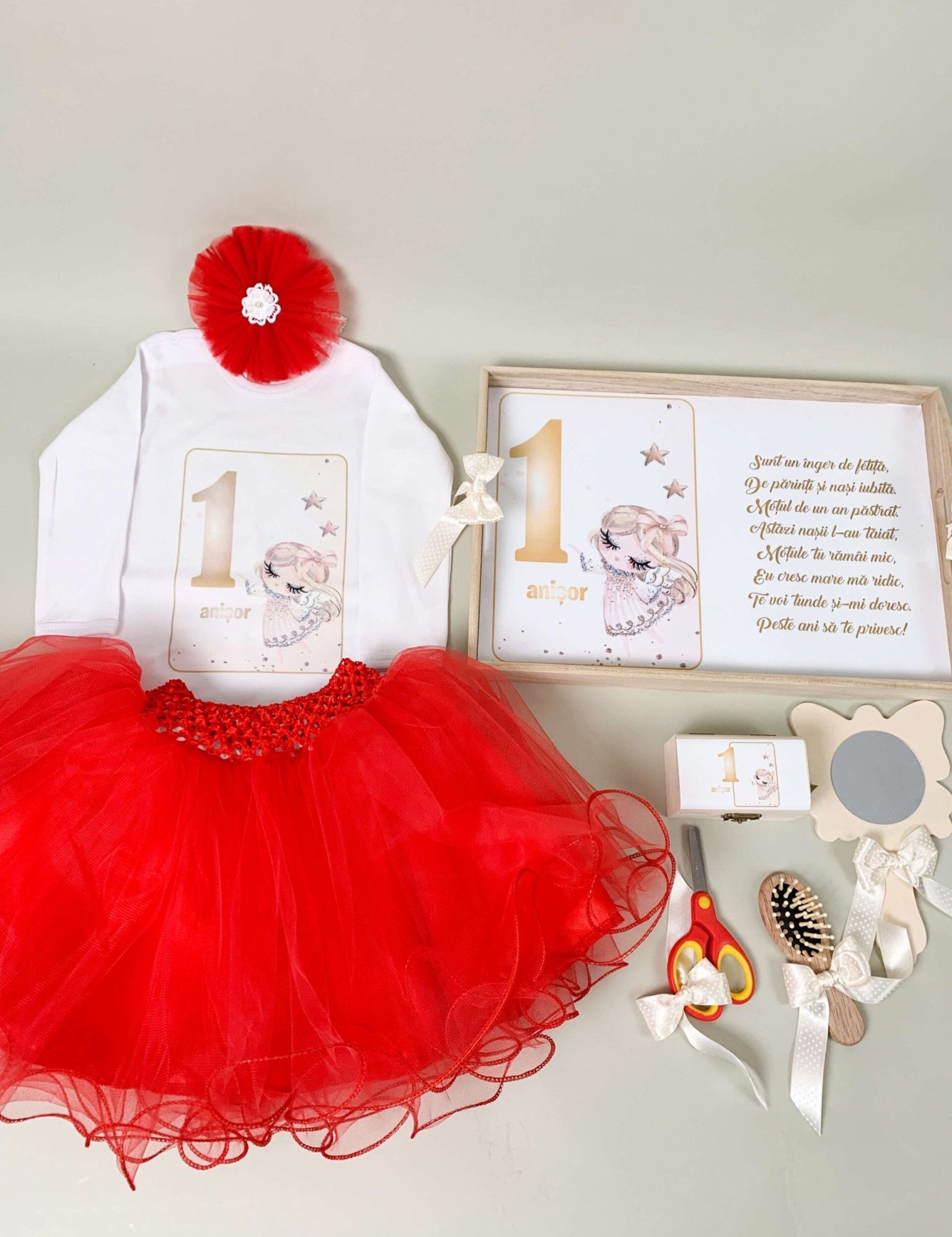 Set rosu personalizat aniversare 1 an - Ingeras - Botez bebelusi