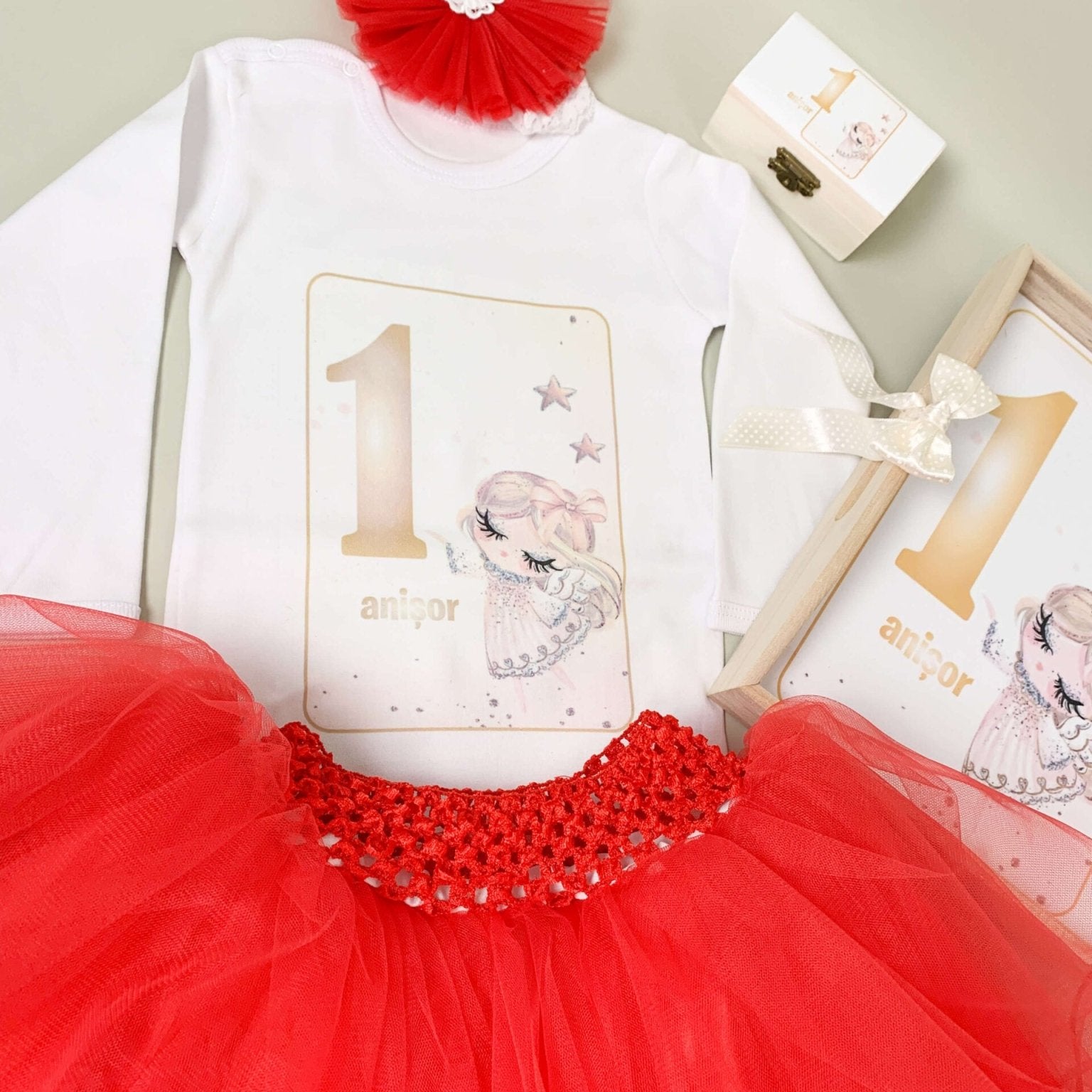 Set rosu personalizat aniversare 1 an - Ingeras - Botez bebelusi