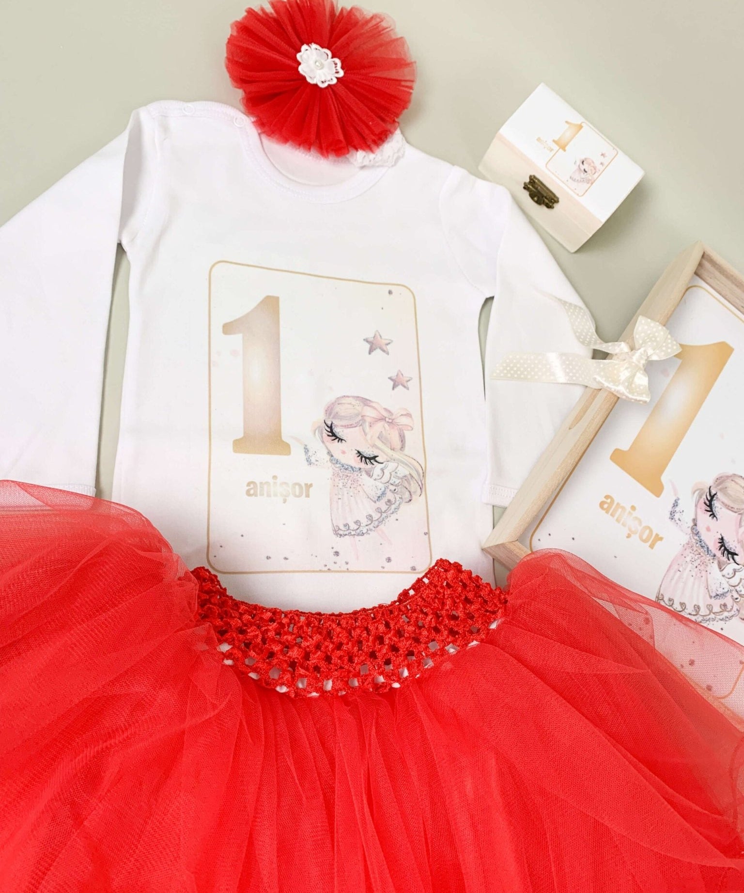 Set rosu personalizat aniversare 1 an - Ingeras - Botez bebelusi