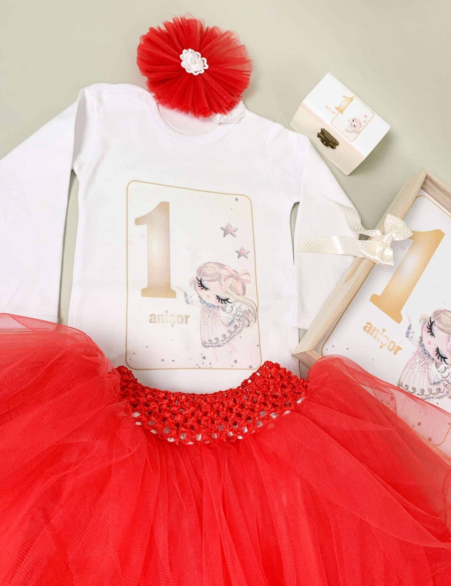 Set rosu personalizat aniversare 1 an - Ingeras - Botez bebelusi