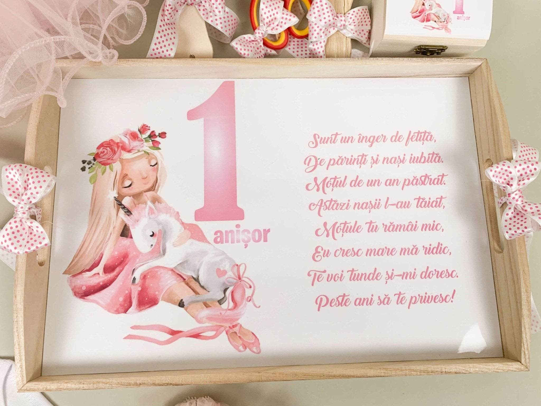 Set roz personalizat aniversare 1 an - Fata cu unicorn - Botez bebelusi