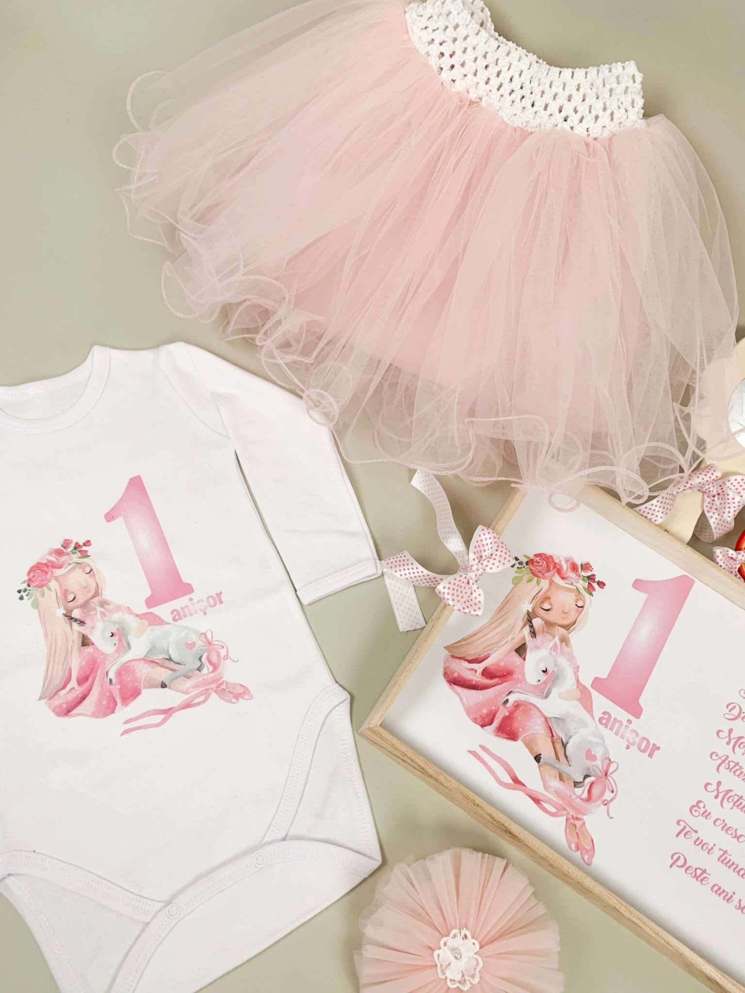 Set roz personalizat aniversare 1 an - Fata cu unicorn - Botez bebelusi