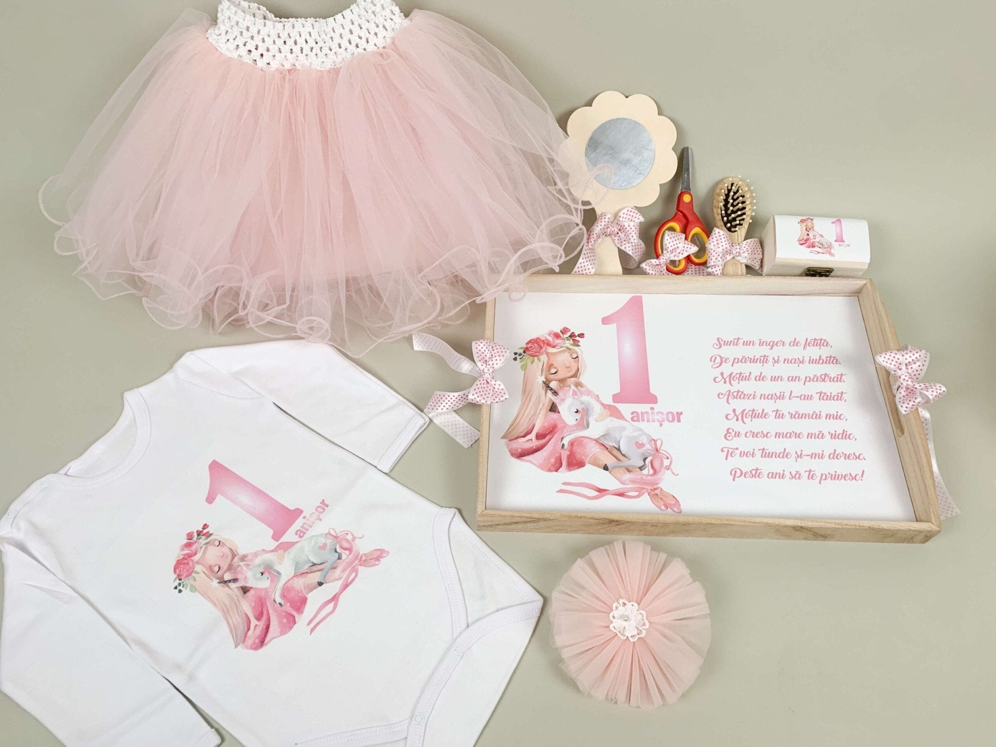 Set roz personalizat aniversare 1 an - Fata cu unicorn - Botez bebelusi