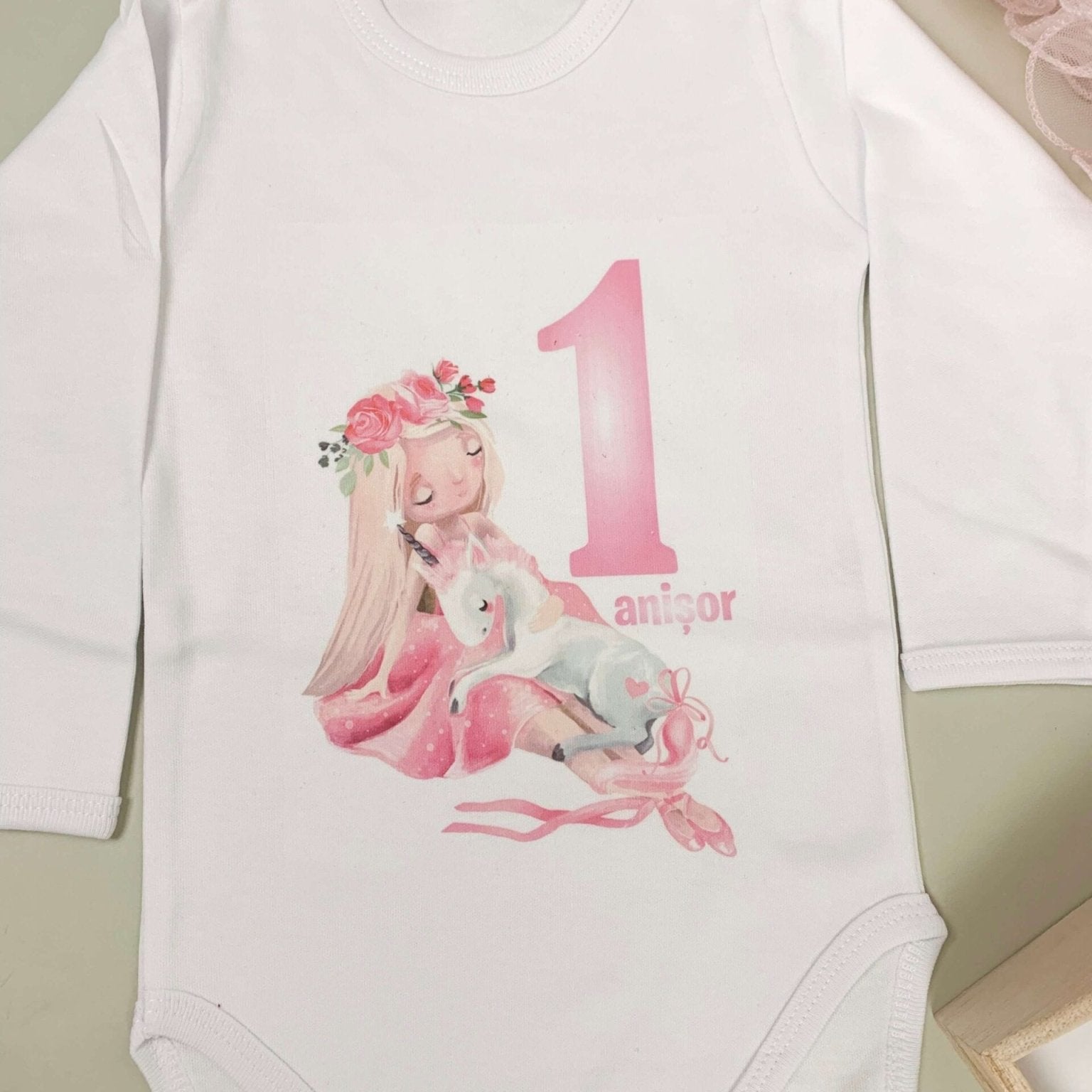 Set roz personalizat aniversare 1 an - Fata cu unicorn - Botez bebelusi