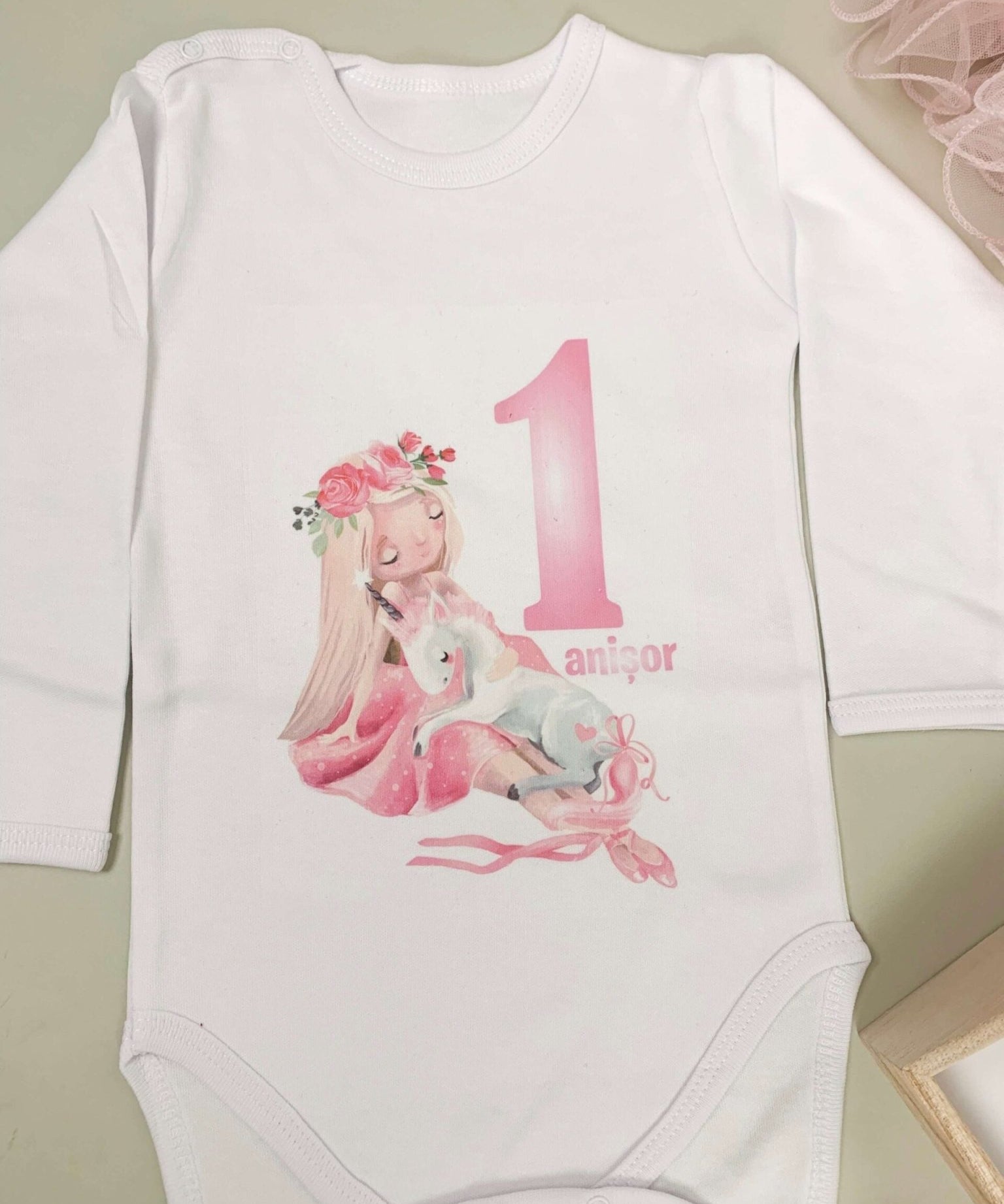 Set roz personalizat aniversare 1 an - Fata cu unicorn - Botez bebelusi
