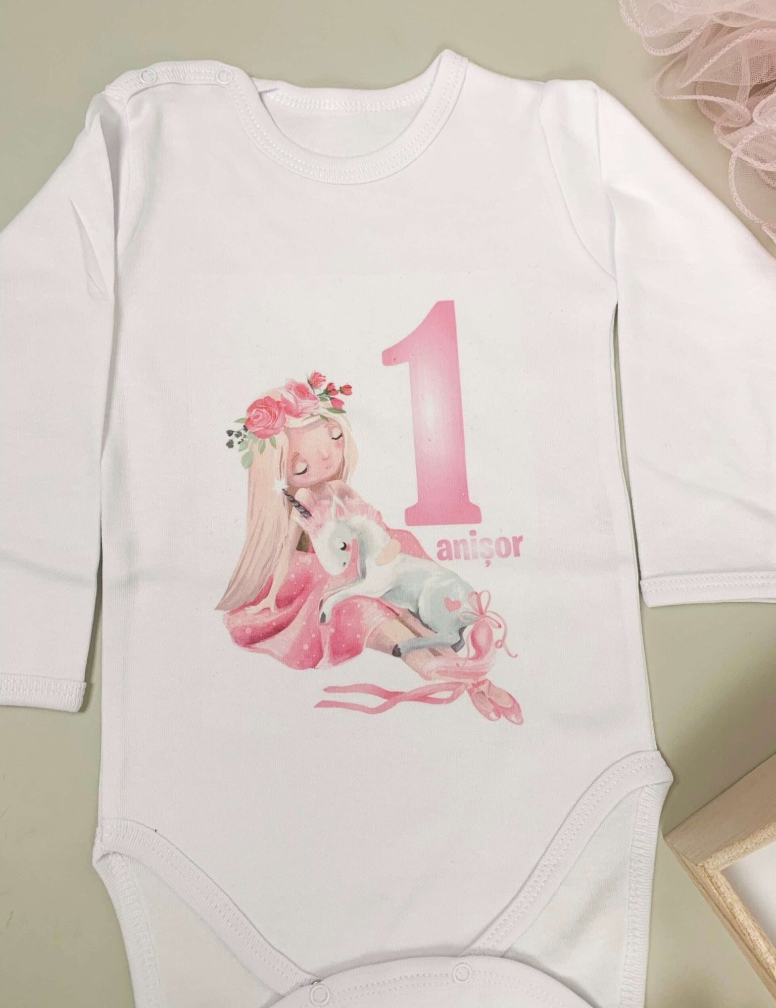 Set roz personalizat aniversare 1 an - Fata cu unicorn - Botez bebelusi