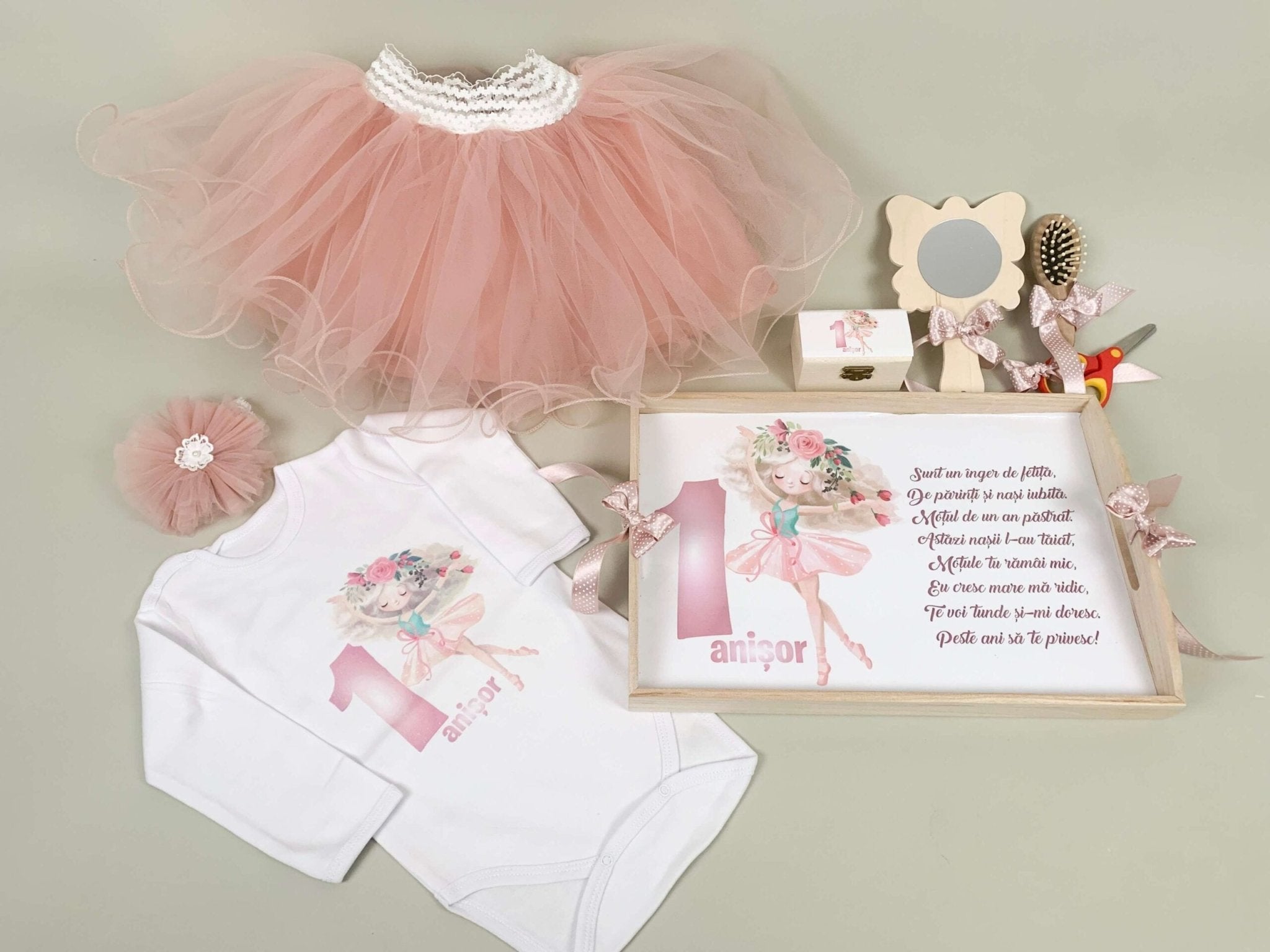 Set roz pudra personalizat aniversare 1 an - Zana - Botez bebelusi