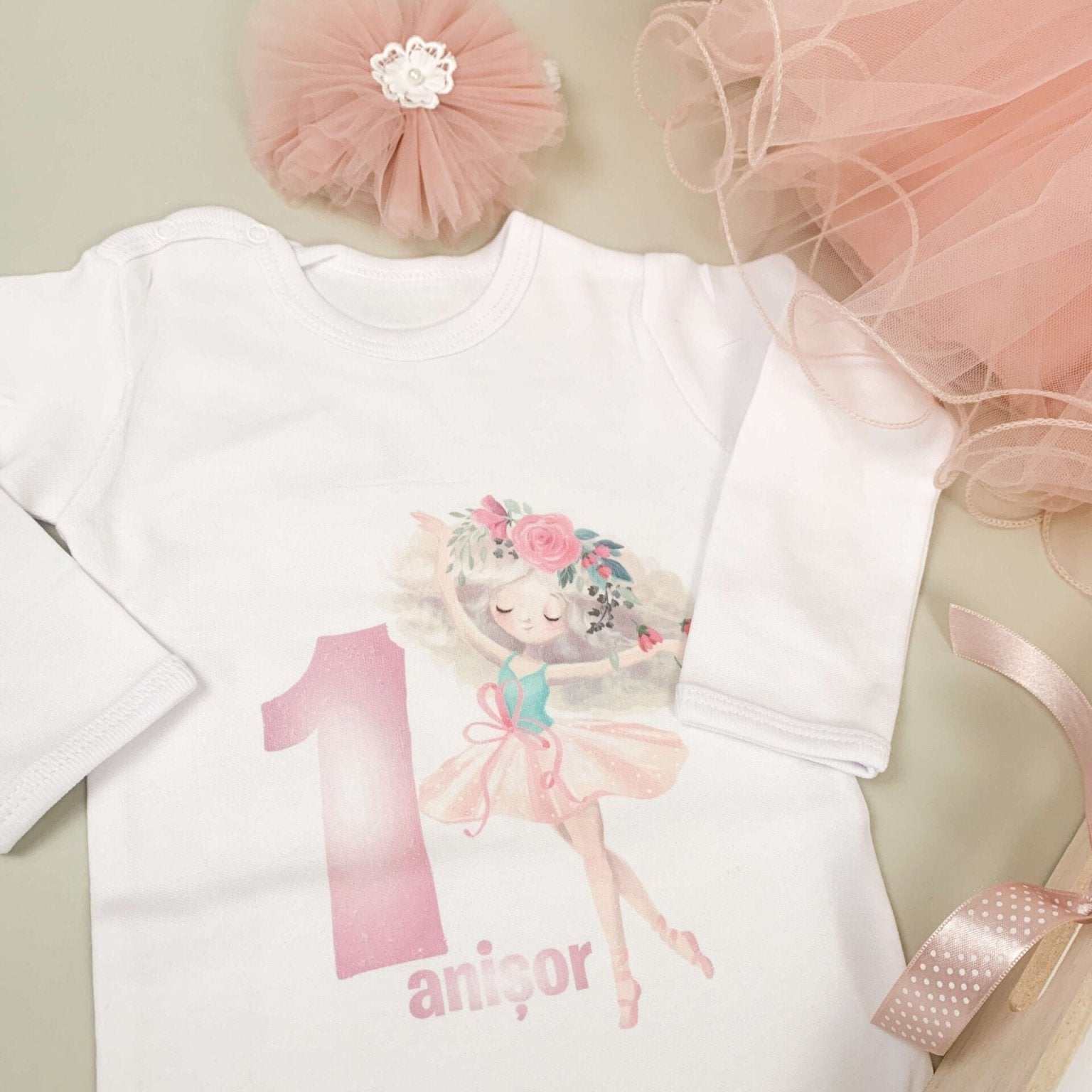 Set roz pudra personalizat aniversare 1 an - Zana - Botez bebelusi