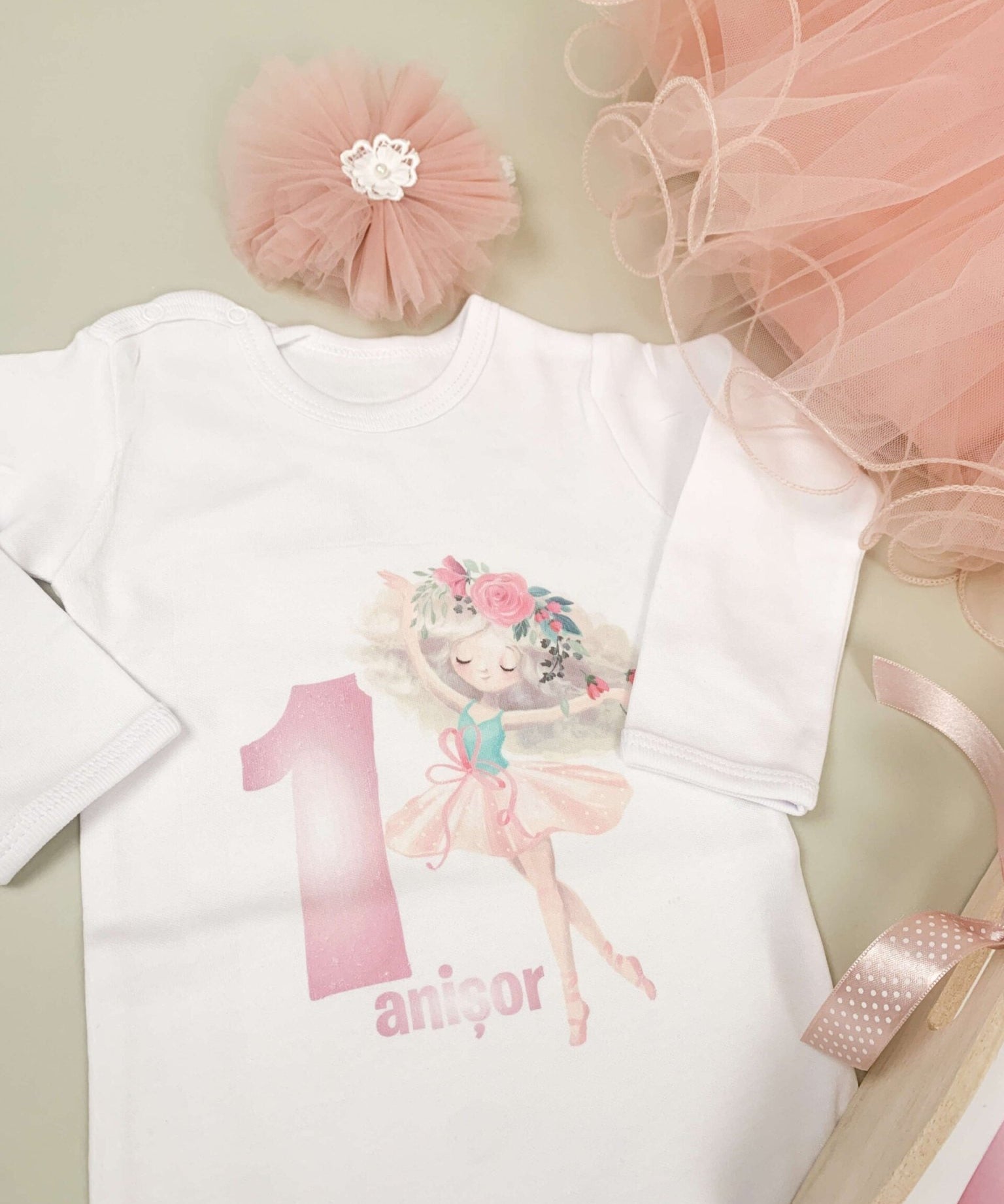 Set roz pudra personalizat aniversare 1 an - Zana - Botez bebelusi