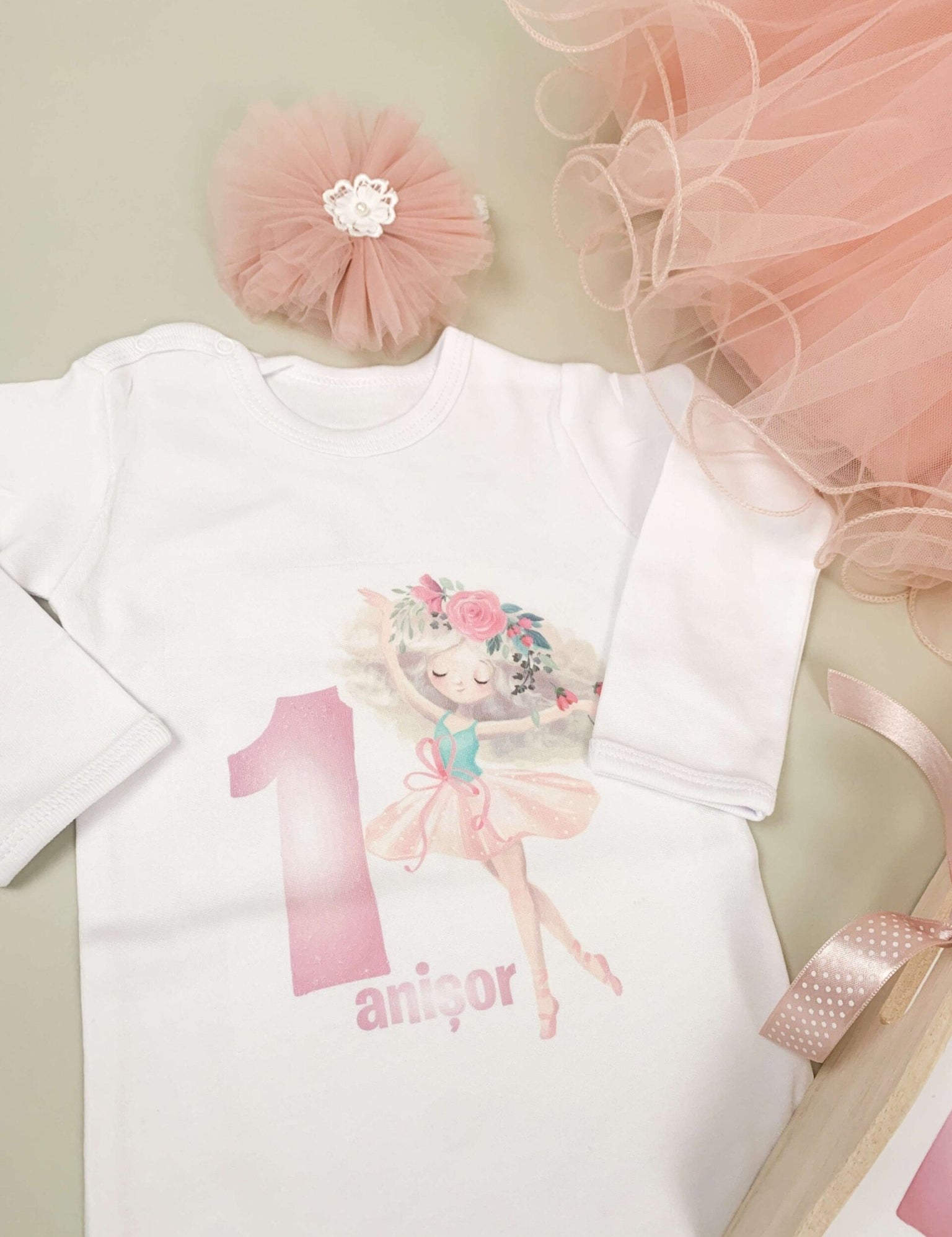 Set roz pudra personalizat aniversare 1 an - Zana - Botez bebelusi