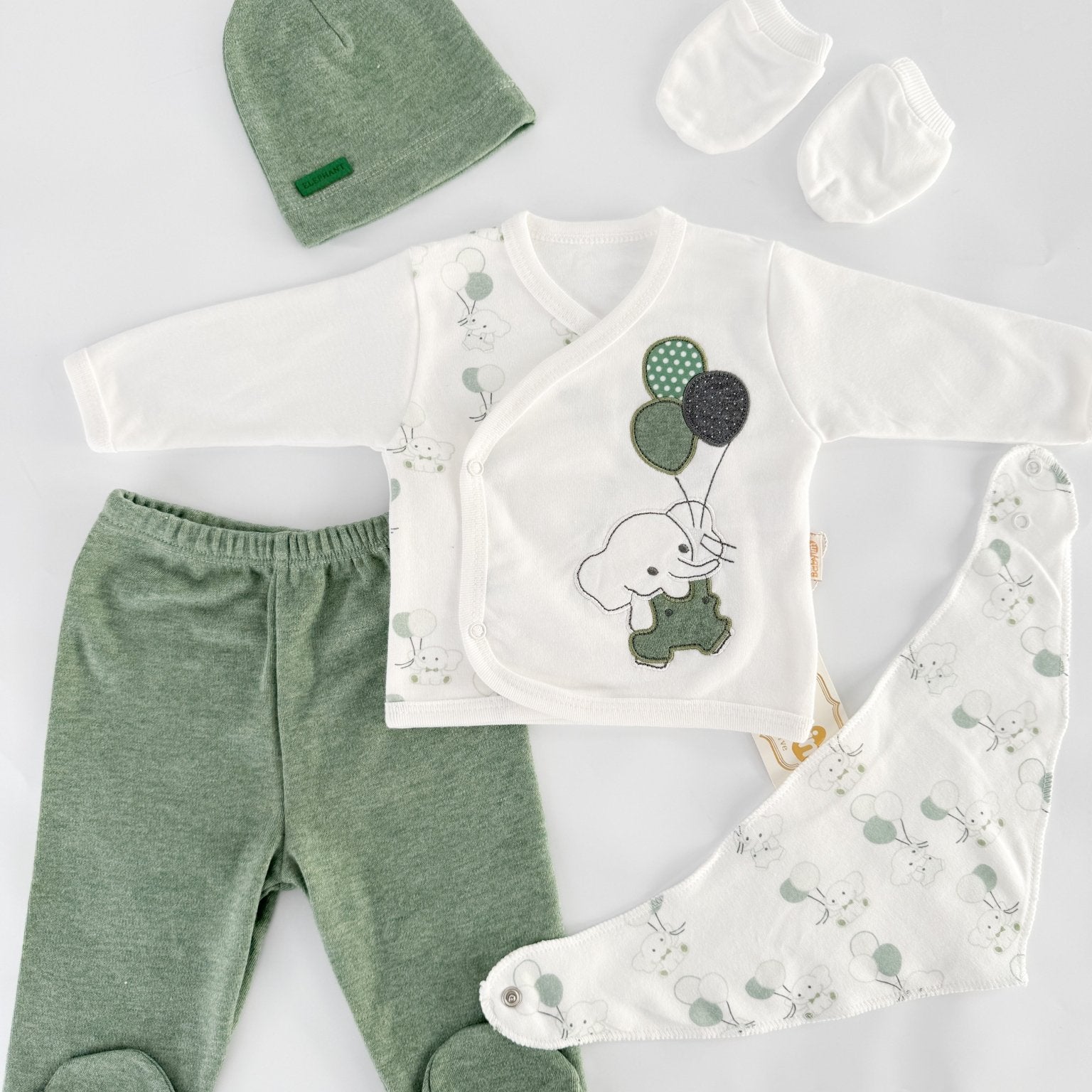 Set salopeta verde cu elefantei - Botez bebelusi