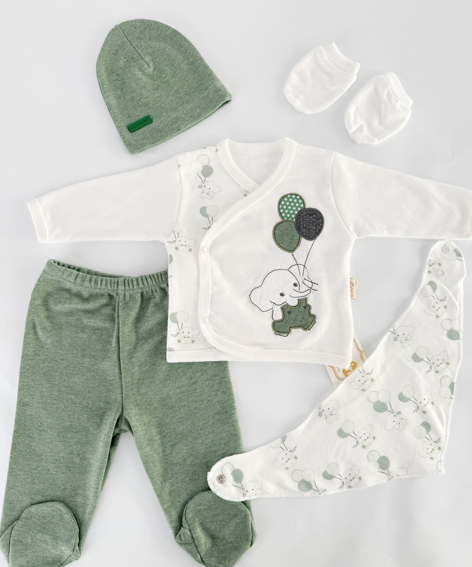 Set salopeta verde cu elefantei - Botez bebelusi