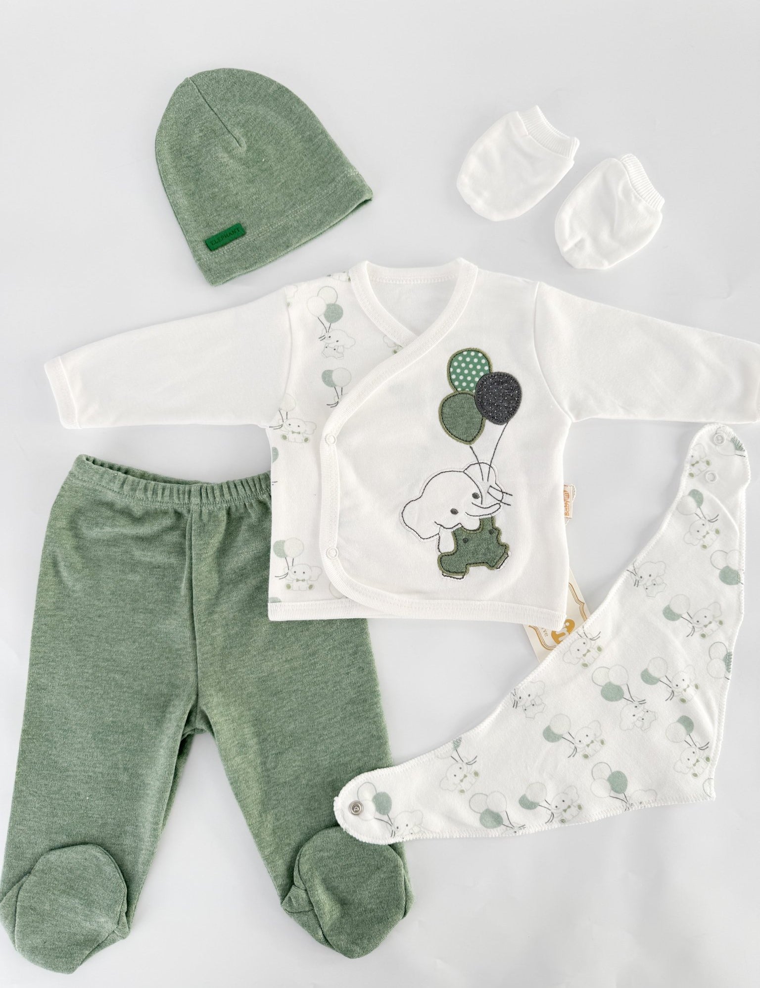 Set salopeta verde cu elefantei - Botez bebelusi