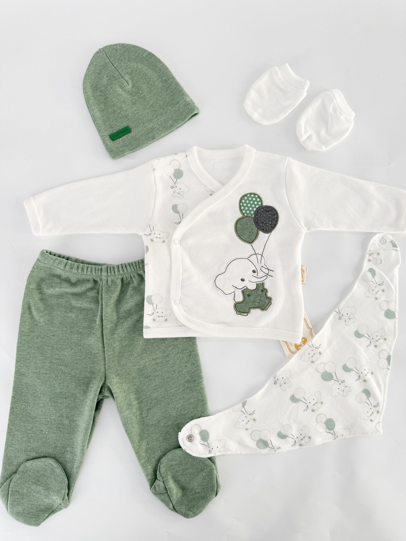 Set salopeta verde cu elefantei - Botez bebelusi