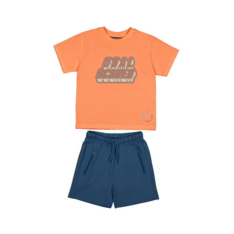 Set Sport Mayoral 2 Piese - Tricou Portocaliu Pantaloni Scurti Albastri - Botez bebelusi