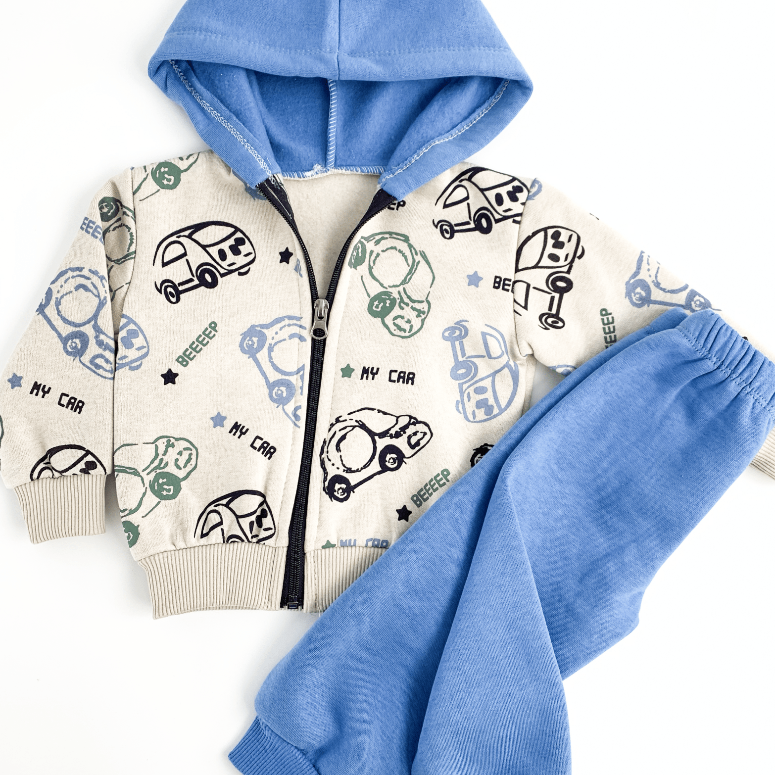 Trening copii gros albastru cu masinute - 2 piese - Botez bebelusi