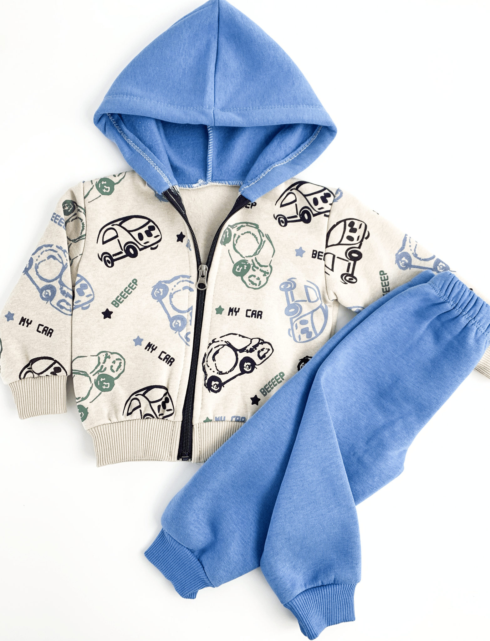 Trening copii gros albastru cu masinute - 2 piese - Botez bebelusi