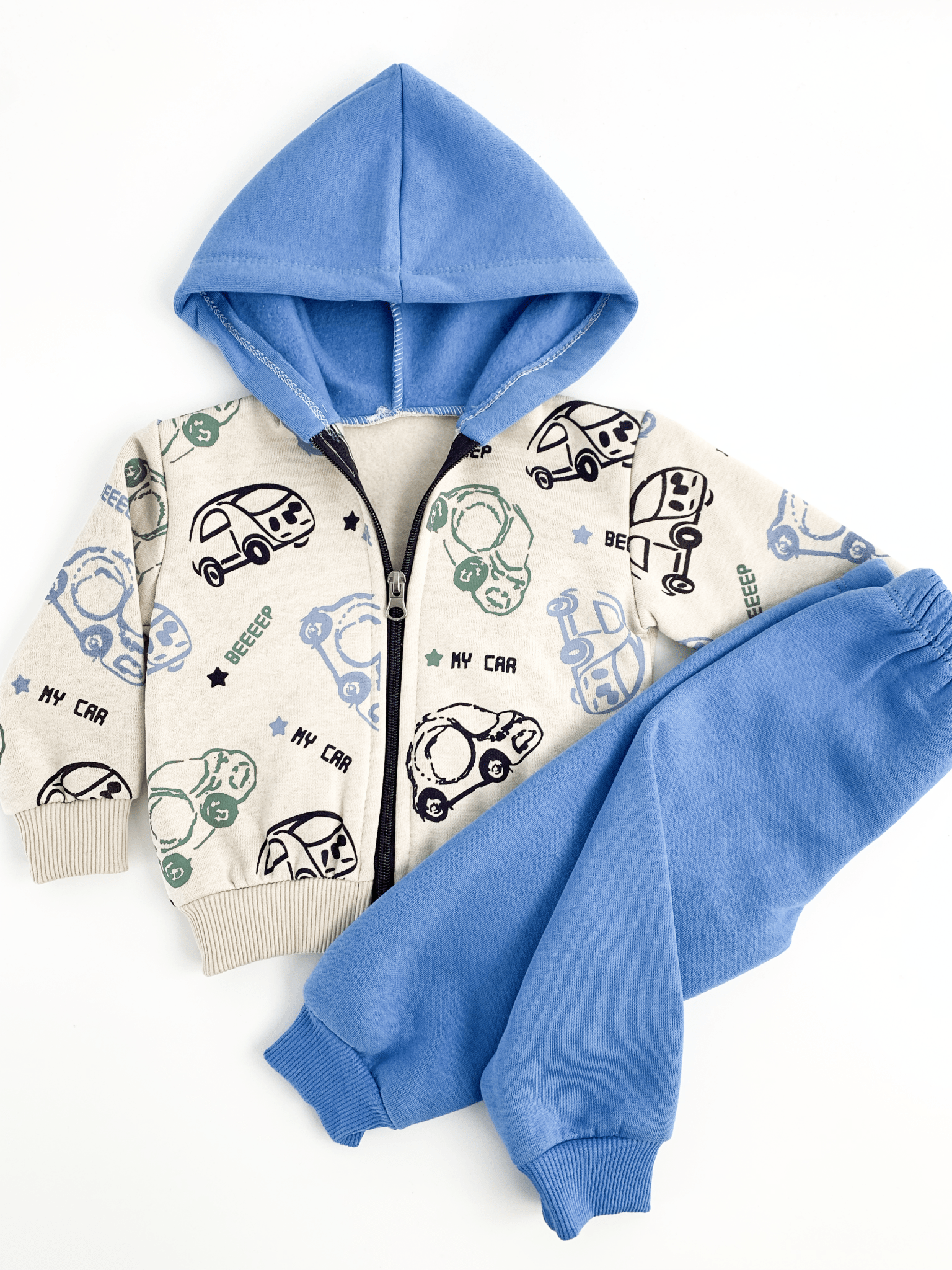 Trening copii gros albastru cu masinute - 2 piese - Botez bebelusi