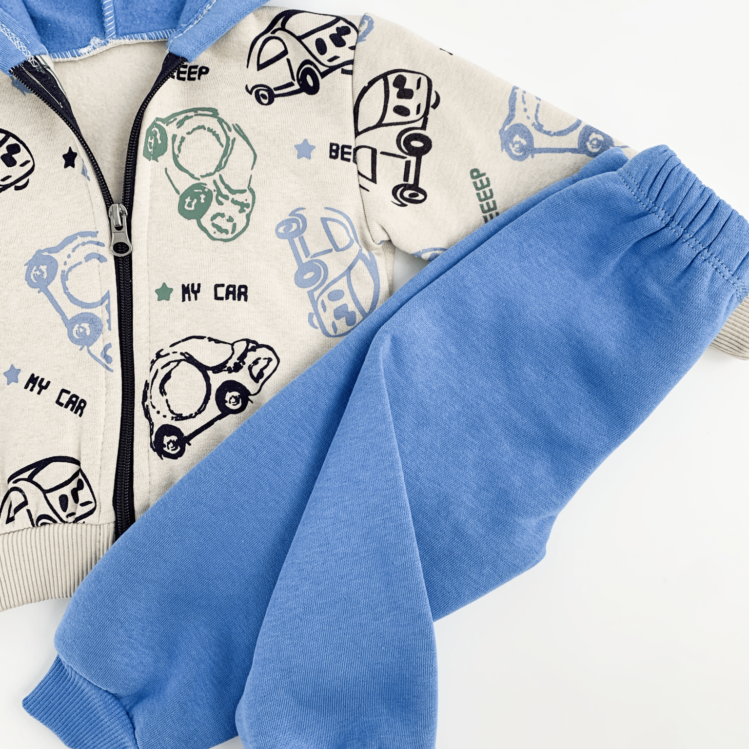 Trening copii gros albastru cu masinute - 2 piese - Botez bebelusi
