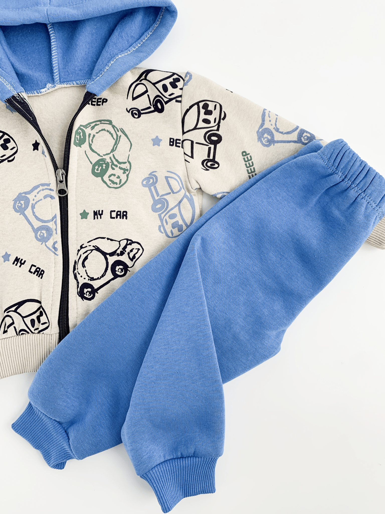 Trening copii gros albastru cu masinute - 2 piese - Botez bebelusi