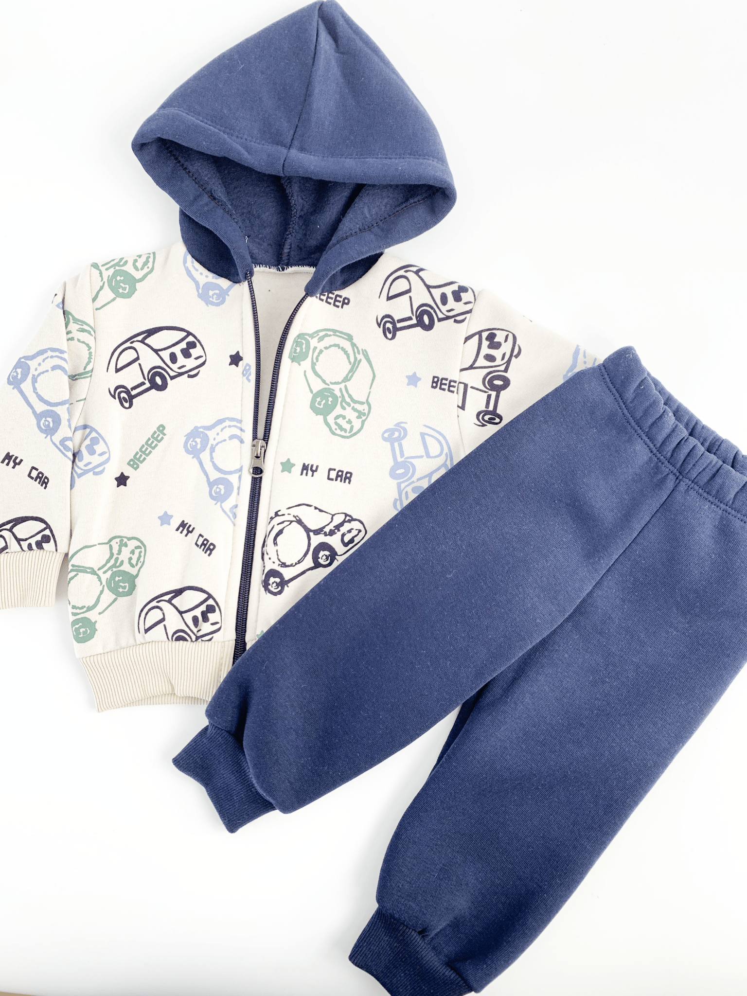 Trening copii gros bleumarin cu masinute - 2 piese - Botez bebelusi