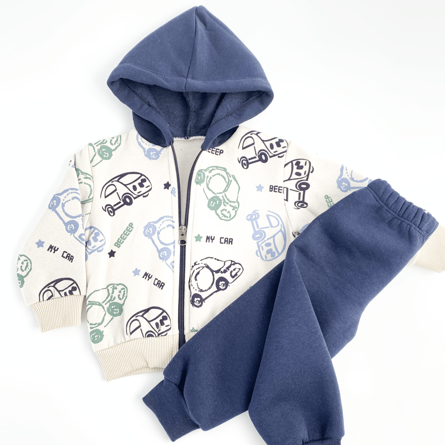 Trening copii gros bleumarin cu masinute - 2 piese - Botez bebelusi