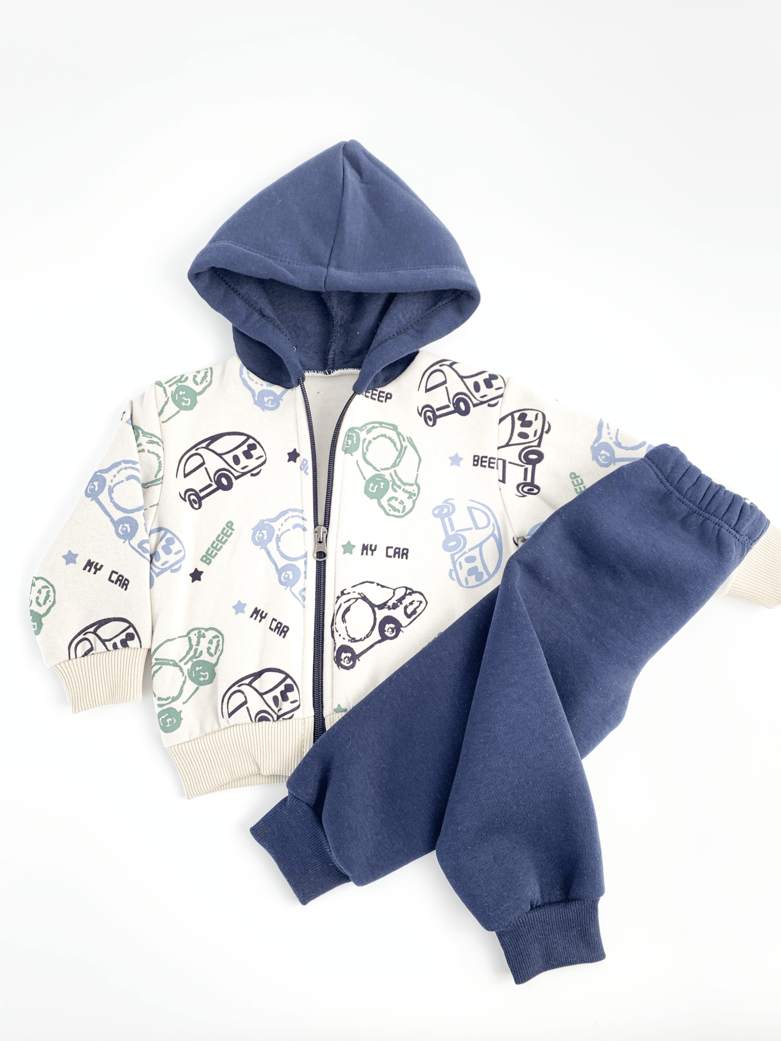 Trening copii gros bleumarin cu masinute - 2 piese - Botez bebelusi