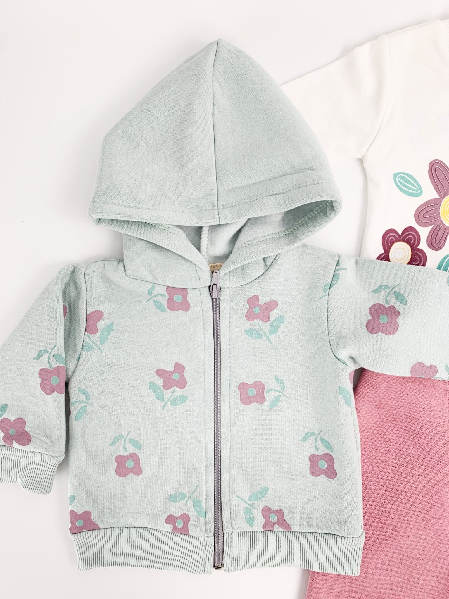 Trening Ecaterina fete 3 piese - verde cu roz - Botez bebelusi