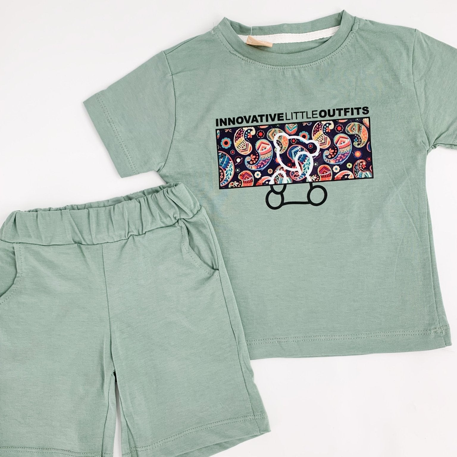 Trening scurt verde - imprimeu colorat - Botez bebelusi