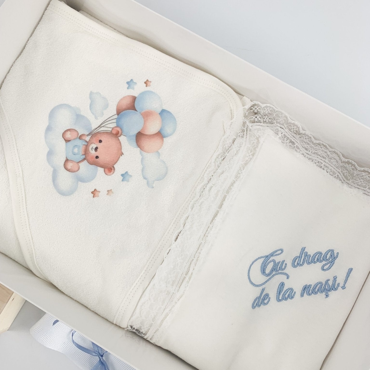 Trusou baiat albastru ursulet cu baloane - Botez bebelusi