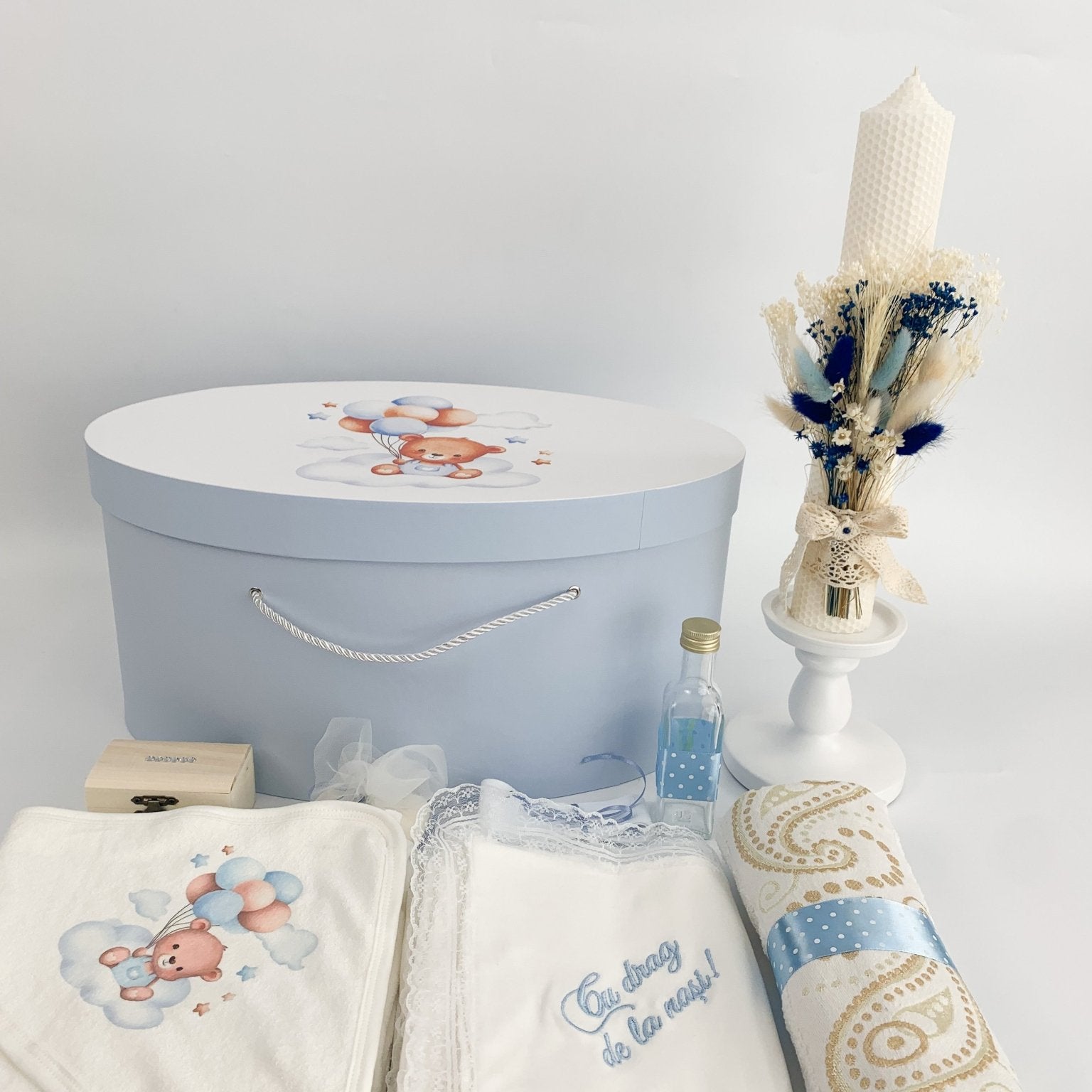 Trusou botez complet albastru cu ursulet cu baloane - Botez bebelusi