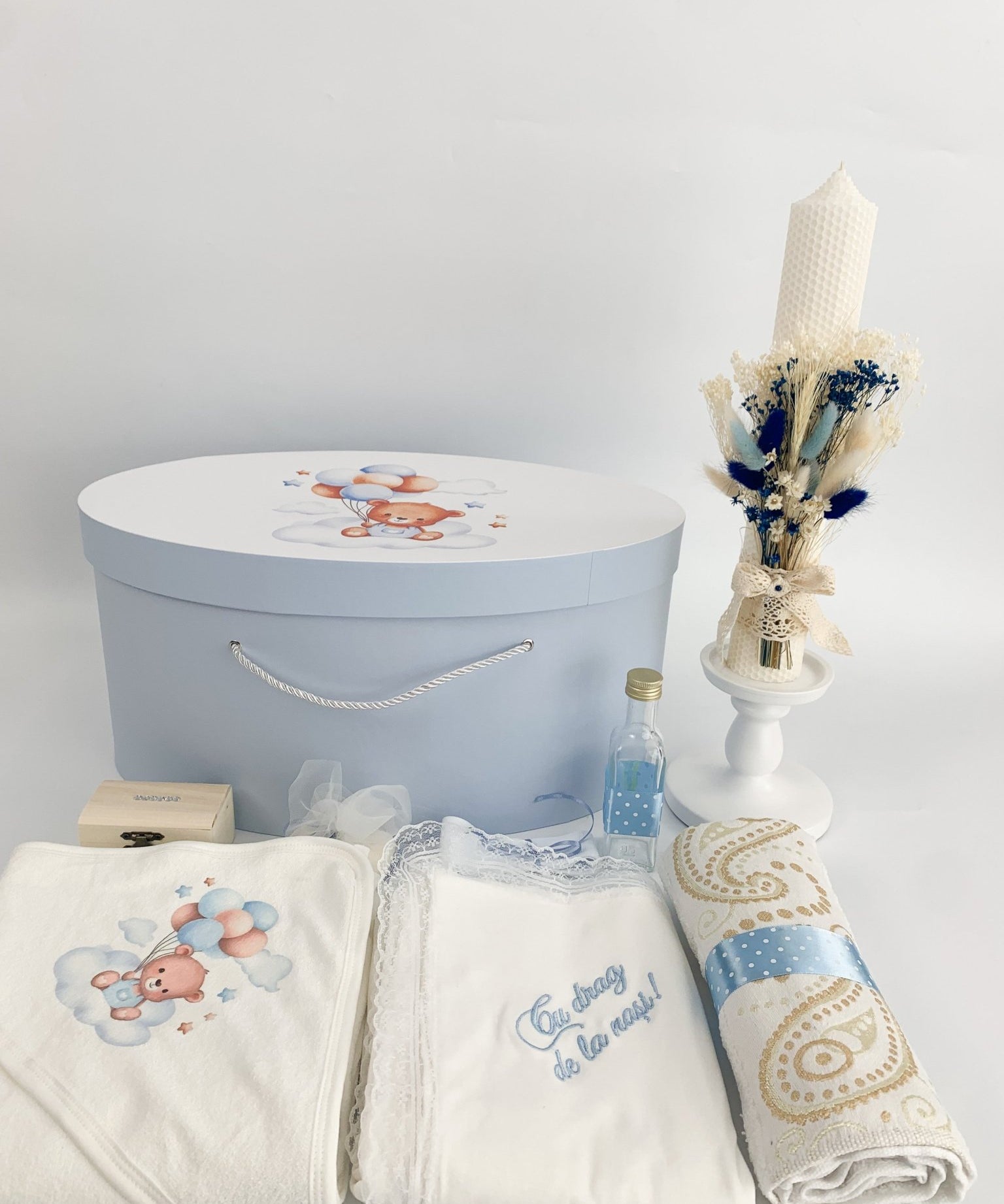 Trusou botez complet albastru cu ursulet cu baloane - Botez bebelusi
