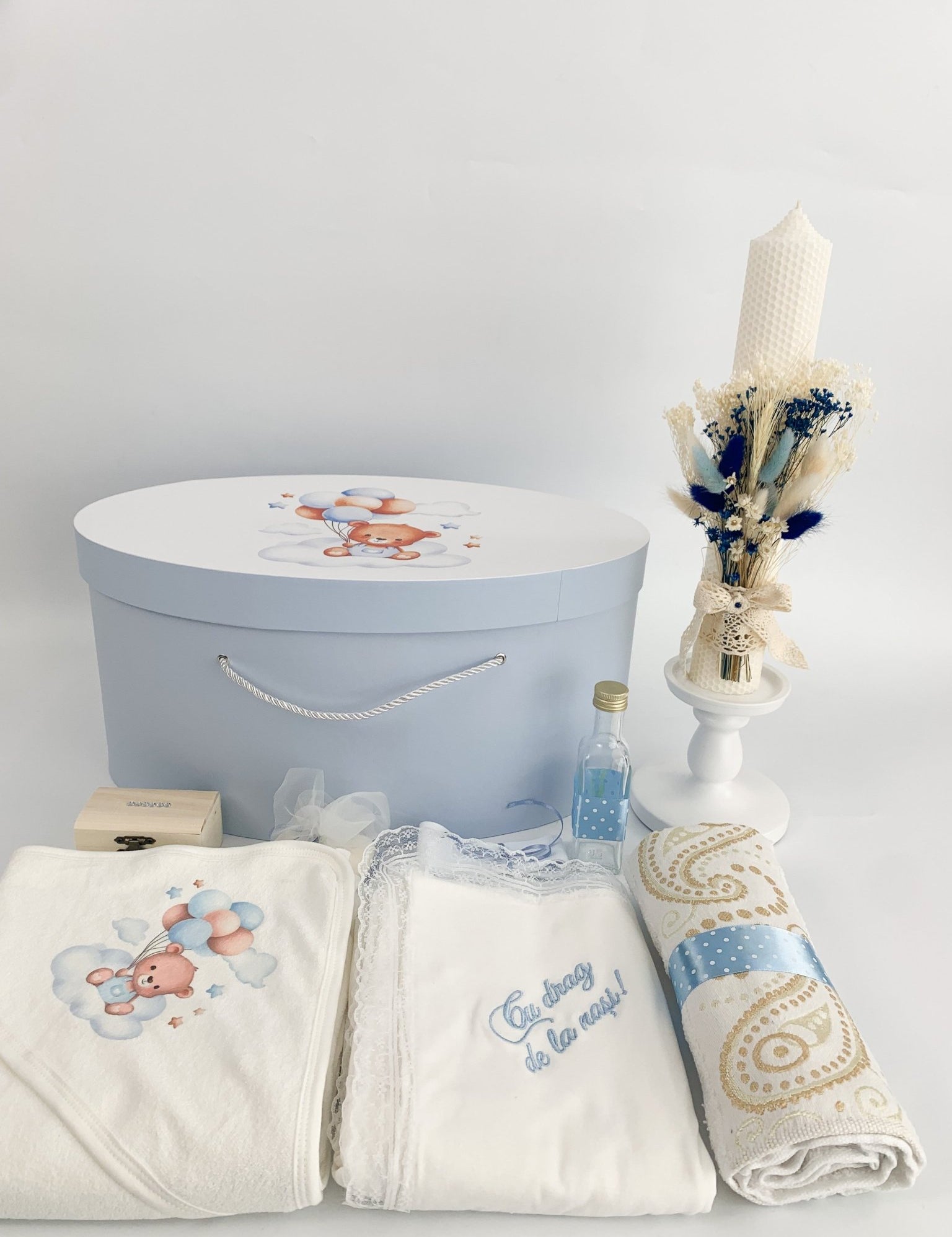 Trusou botez complet albastru cu ursulet cu baloane - Botez bebelusi