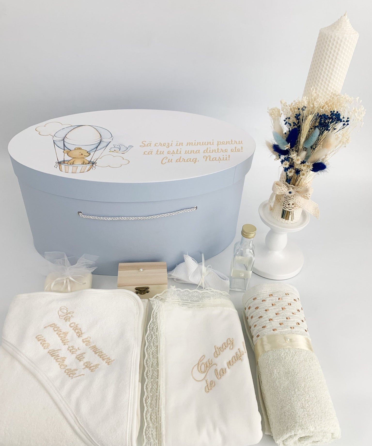 Trusou botez complet albastru cu ursulet cu baloane - Botez bebelusi