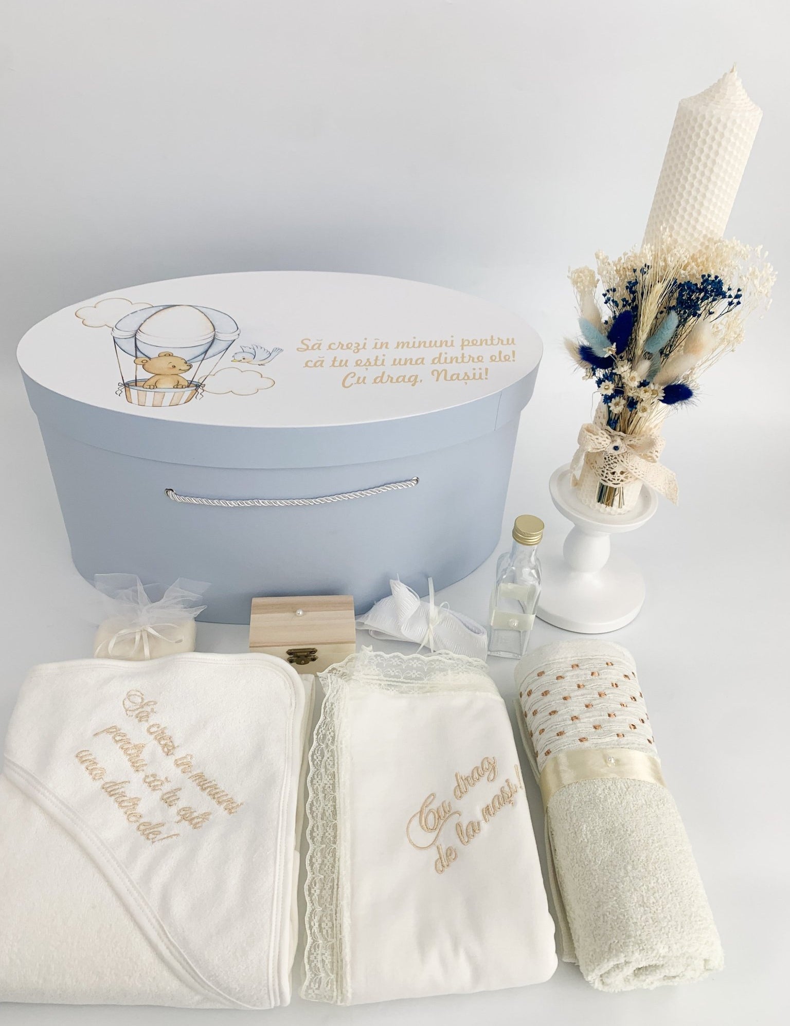 Trusou botez complet albastru cu ursulet cu baloane - Botez bebelusi