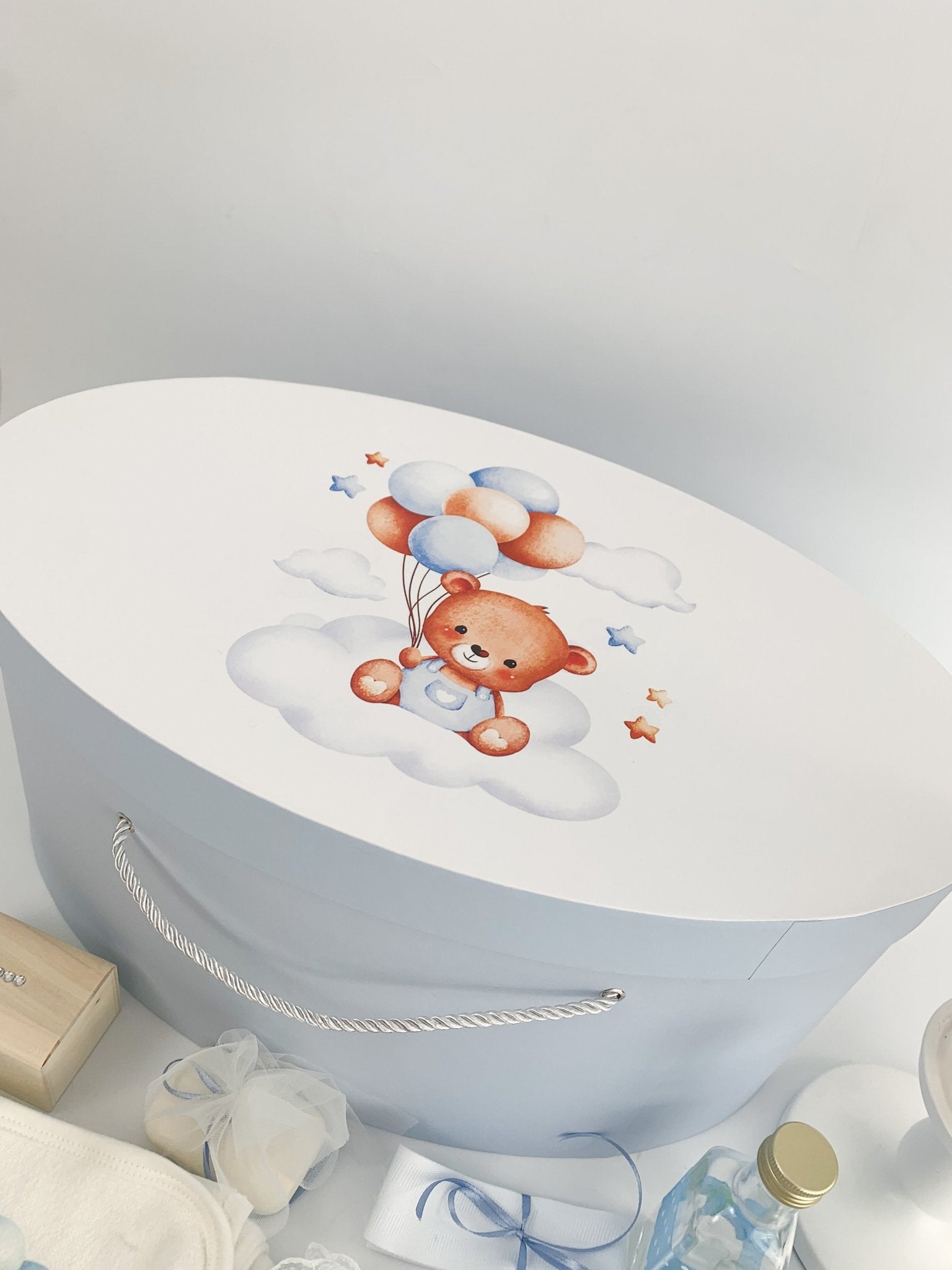 Trusou botez complet albastru cu ursulet cu baloane - Botez bebelusi