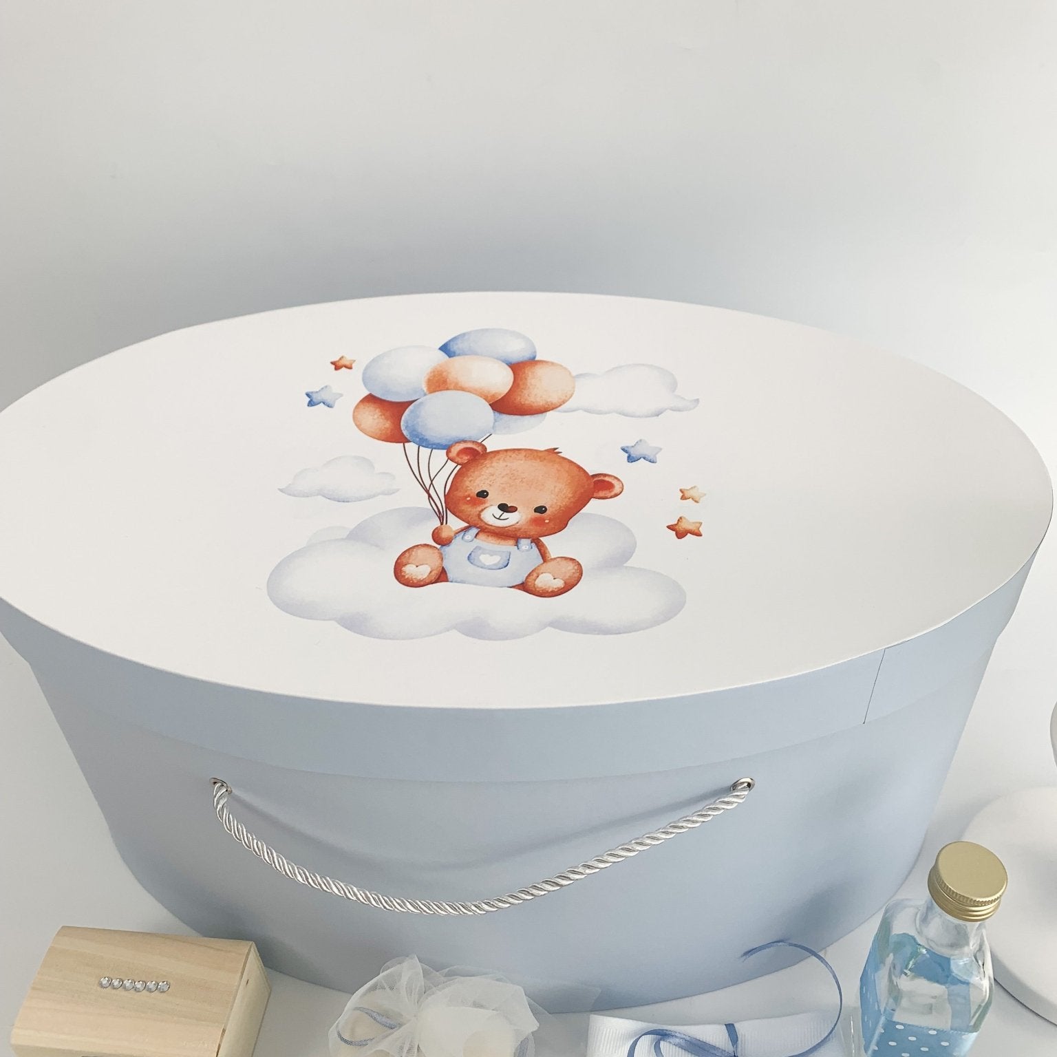 Trusou botez complet albastru cu ursulet cu baloane - Botez bebelusi