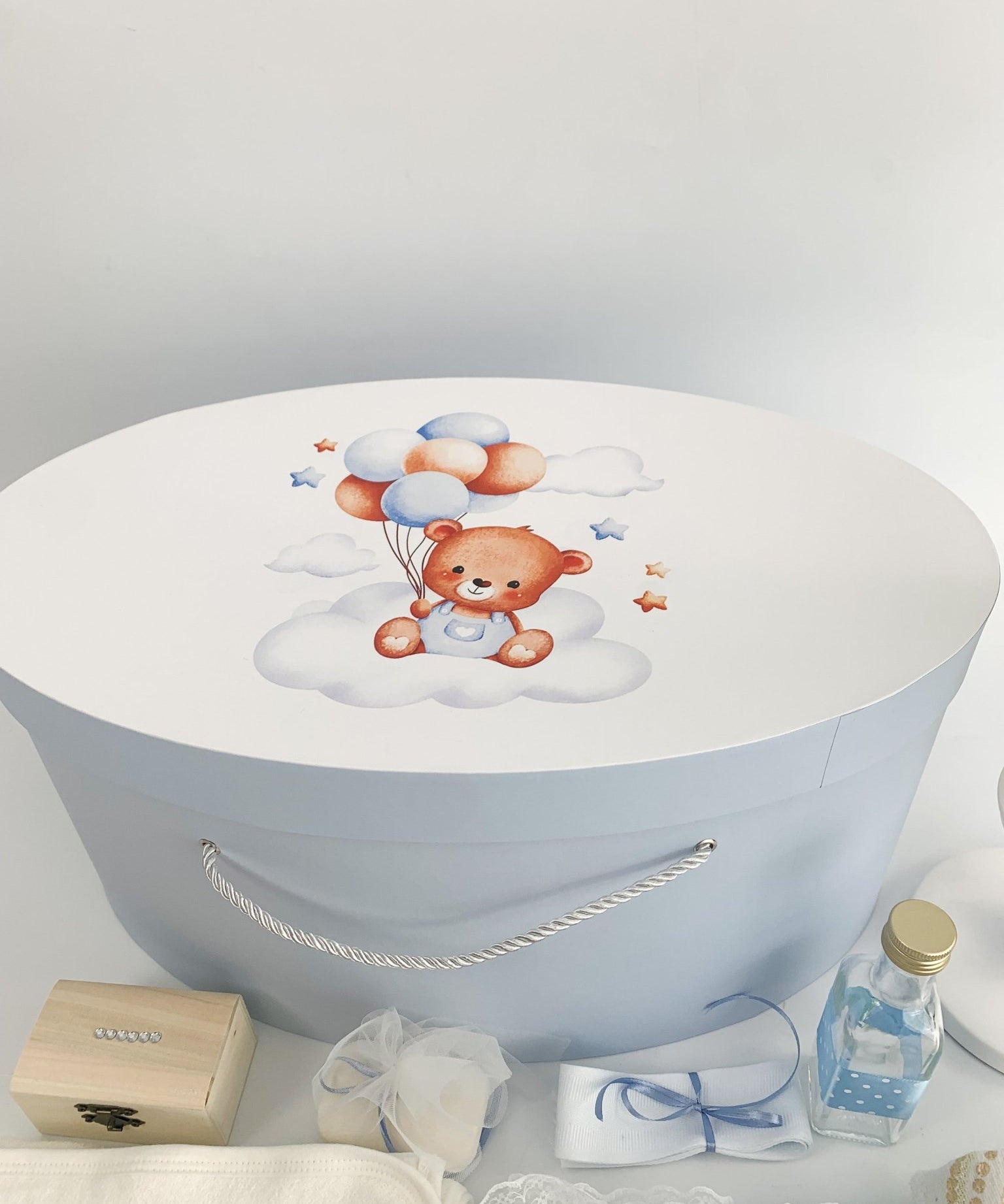 Trusou botez complet albastru cu ursulet cu baloane - Botez bebelusi