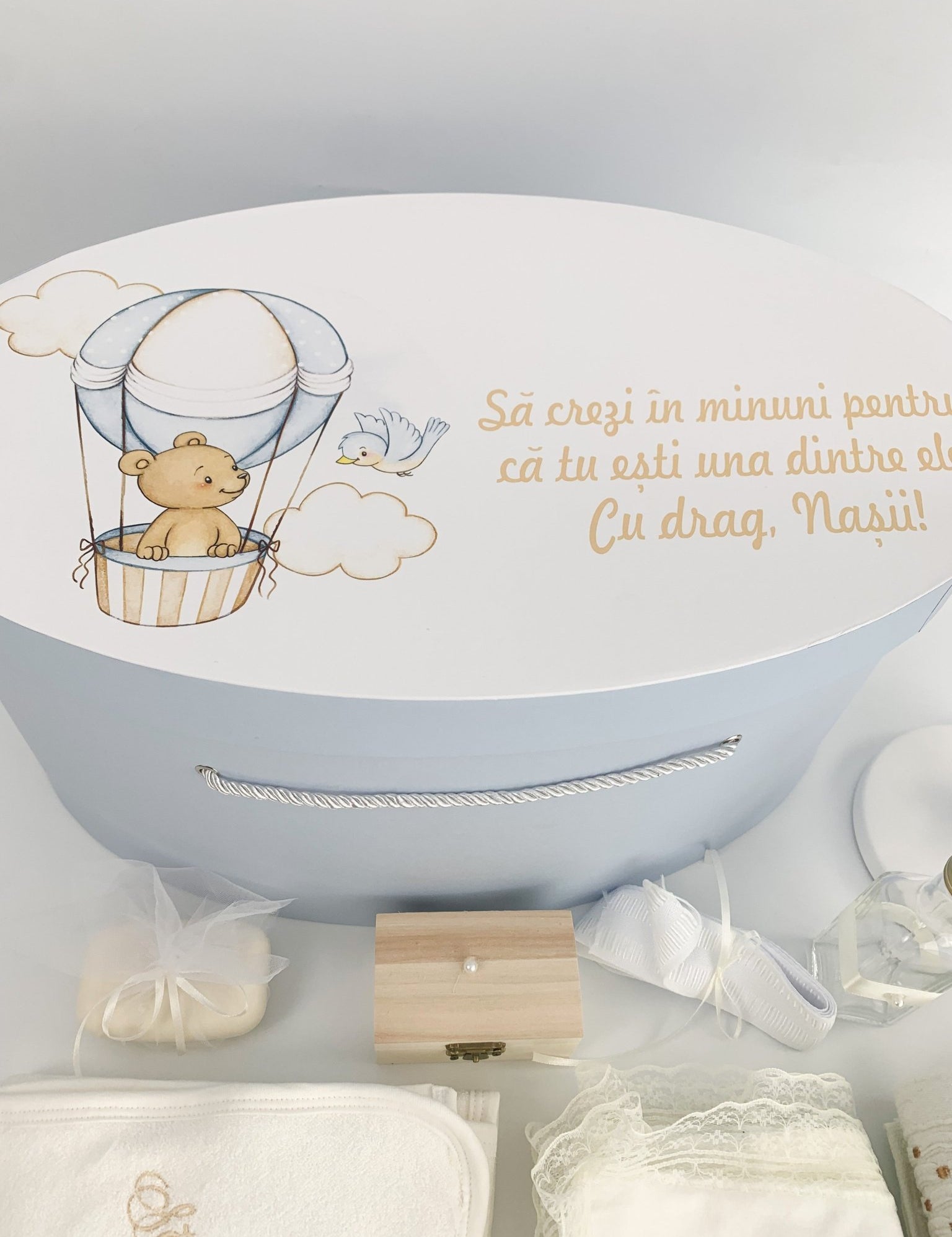 Trusou botez complet albastru cu ursulet cu baloane - Botez bebelusi