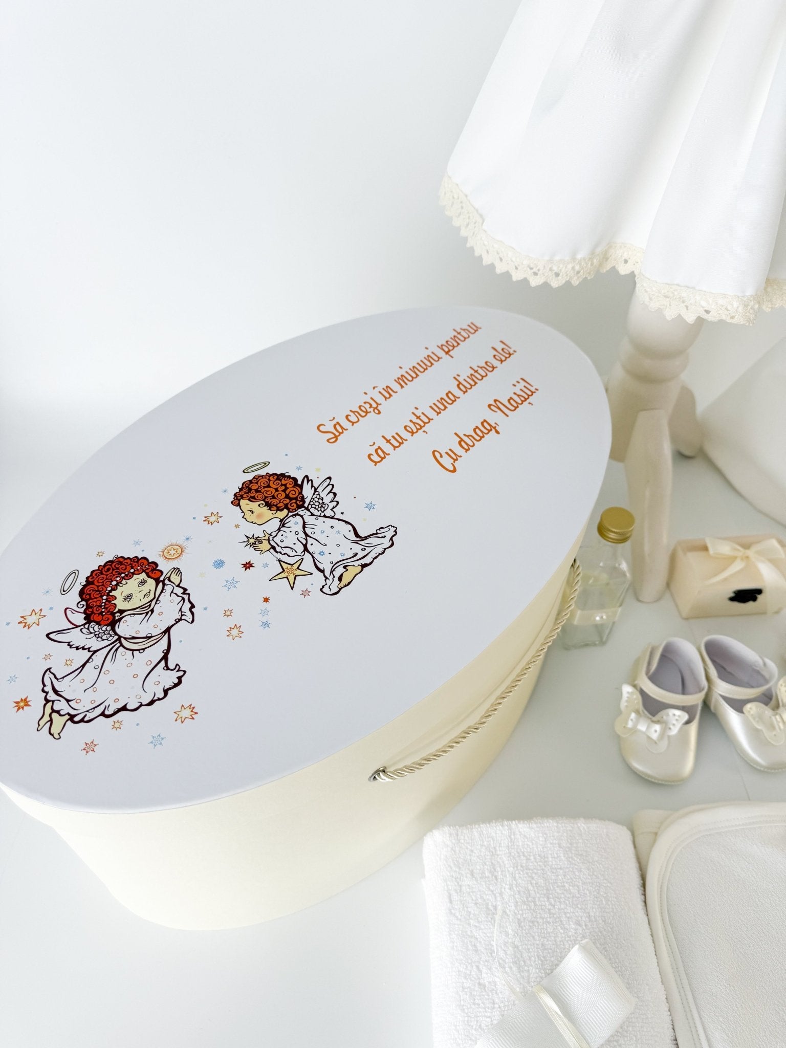 Trusou botez complet cu rochita eleganta, palton si lumanare personalizata manual - Celeste - Botez bebelusi