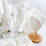 Trusou botez complet cu rochita eleganta, palton si lumanare personalizata manual - Cristina - Botez bebelusi