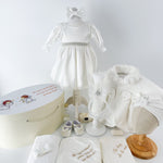 Trusou botez complet cu rochita eleganta, palton si lumanare personalizata manual - Cristina - Botez bebelusi