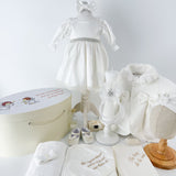 Trusou botez complet cu rochita eleganta, palton si lumanare personalizata manual - Cristina - Botez bebelusi