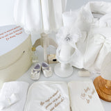 Trusou botez complet cu rochita eleganta, palton si lumanare personalizata manual - Cristina - Botez bebelusi