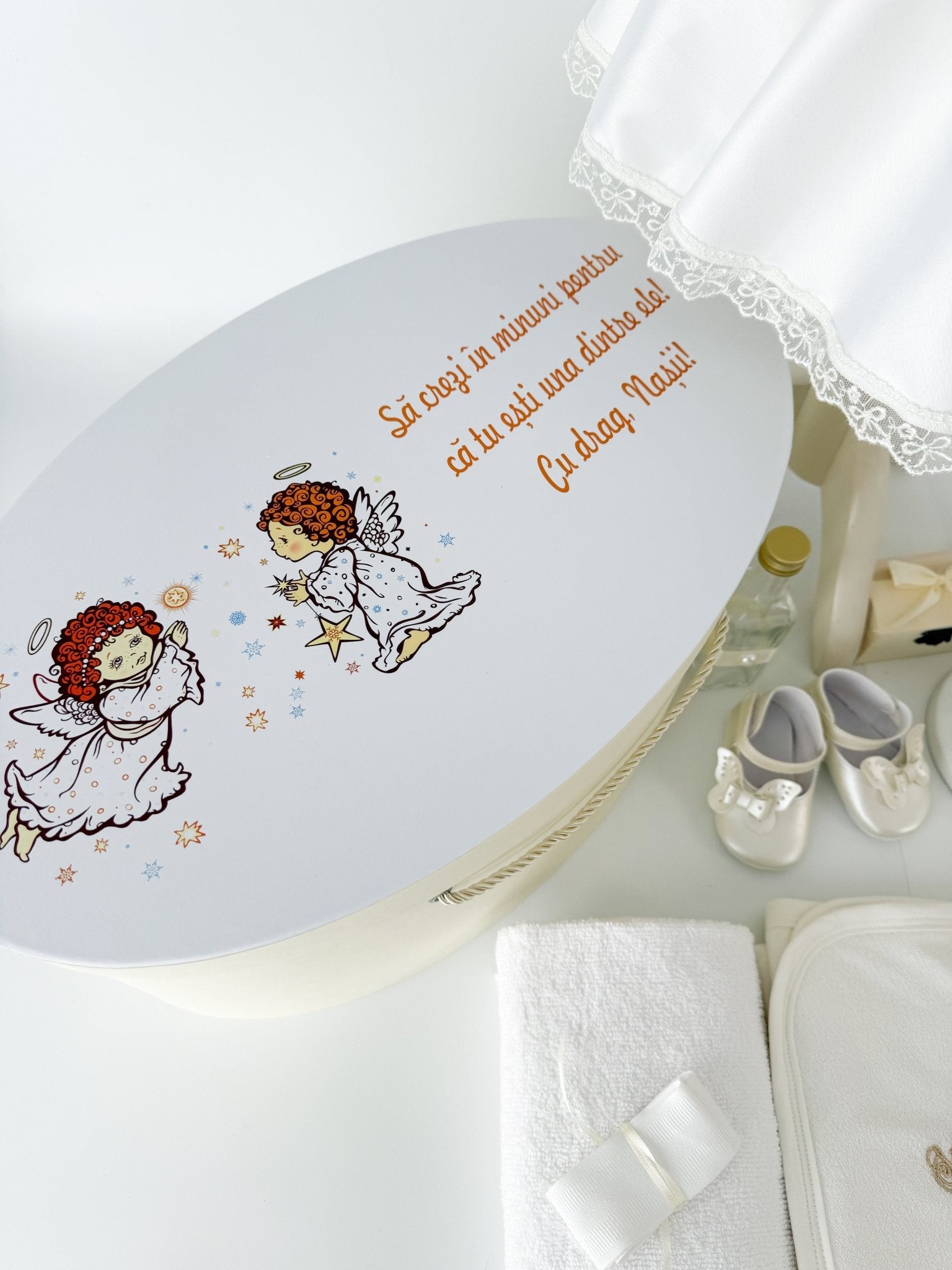 Trusou botez complet cu rochita eleganta, palton si lumanare personalizata manual - Cristina - Botez bebelusi