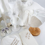 Trusou botez complet cu rochita eleganta, palton si lumanare personalizata manual - Cristina - Botez bebelusi