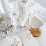 Trusou botez complet cu rochita eleganta, palton si lumanare personalizata manual - Cristina - Botez bebelusi