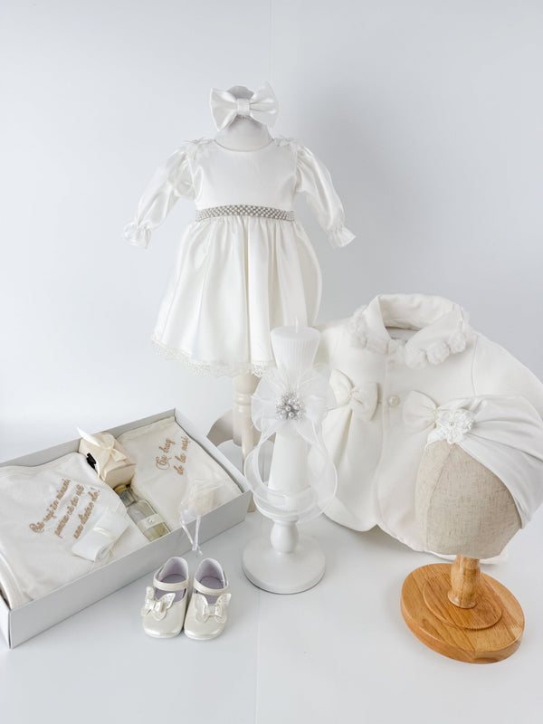 Trusou botez complet cu rochita eleganta, palton si lumanare personalizata manual - Cristinuta - Botez bebelusi
