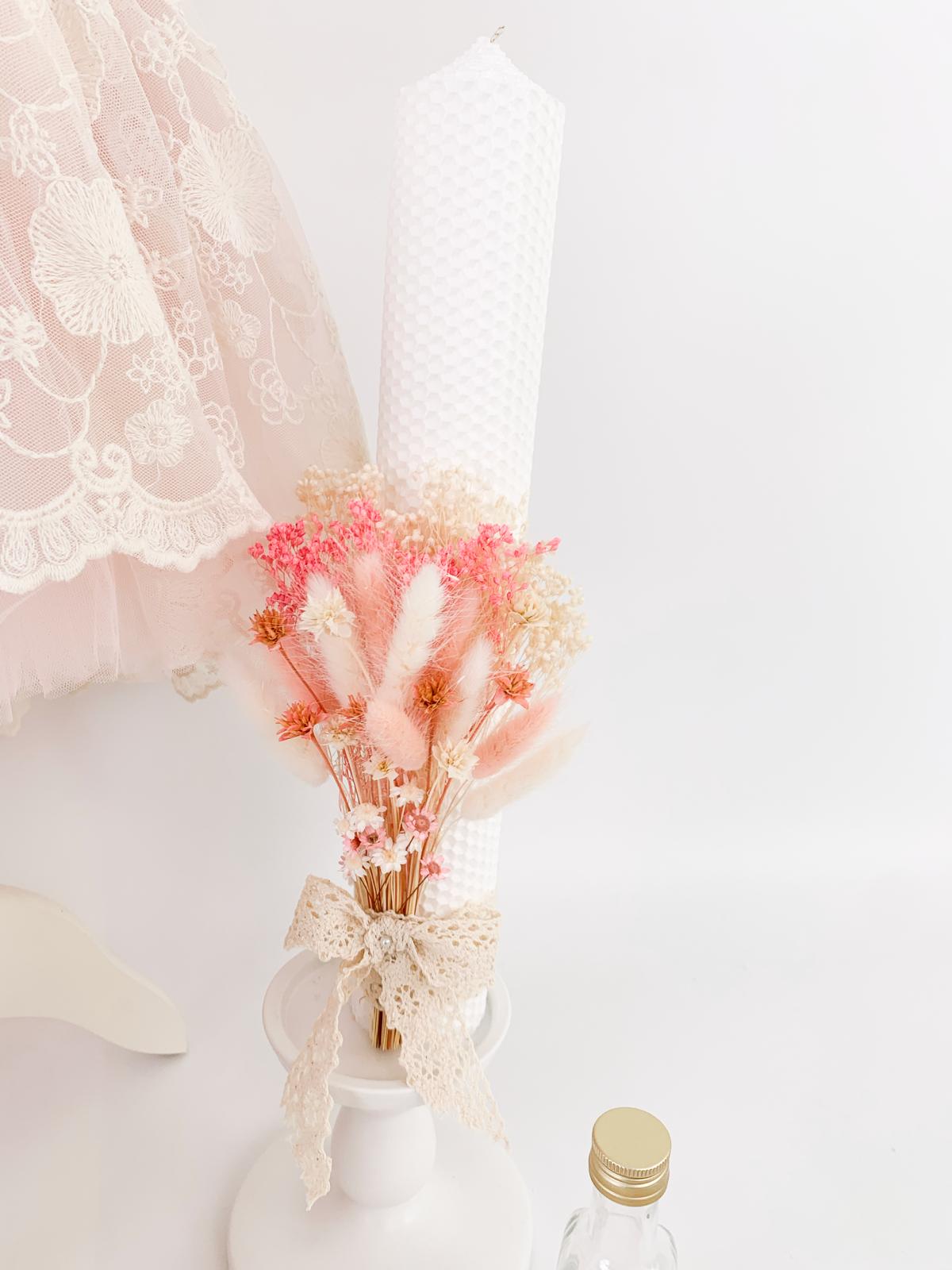 Trusou botez complet cu rochita eleganta si lumanare ceara naturala - Dania - Botez bebelusi