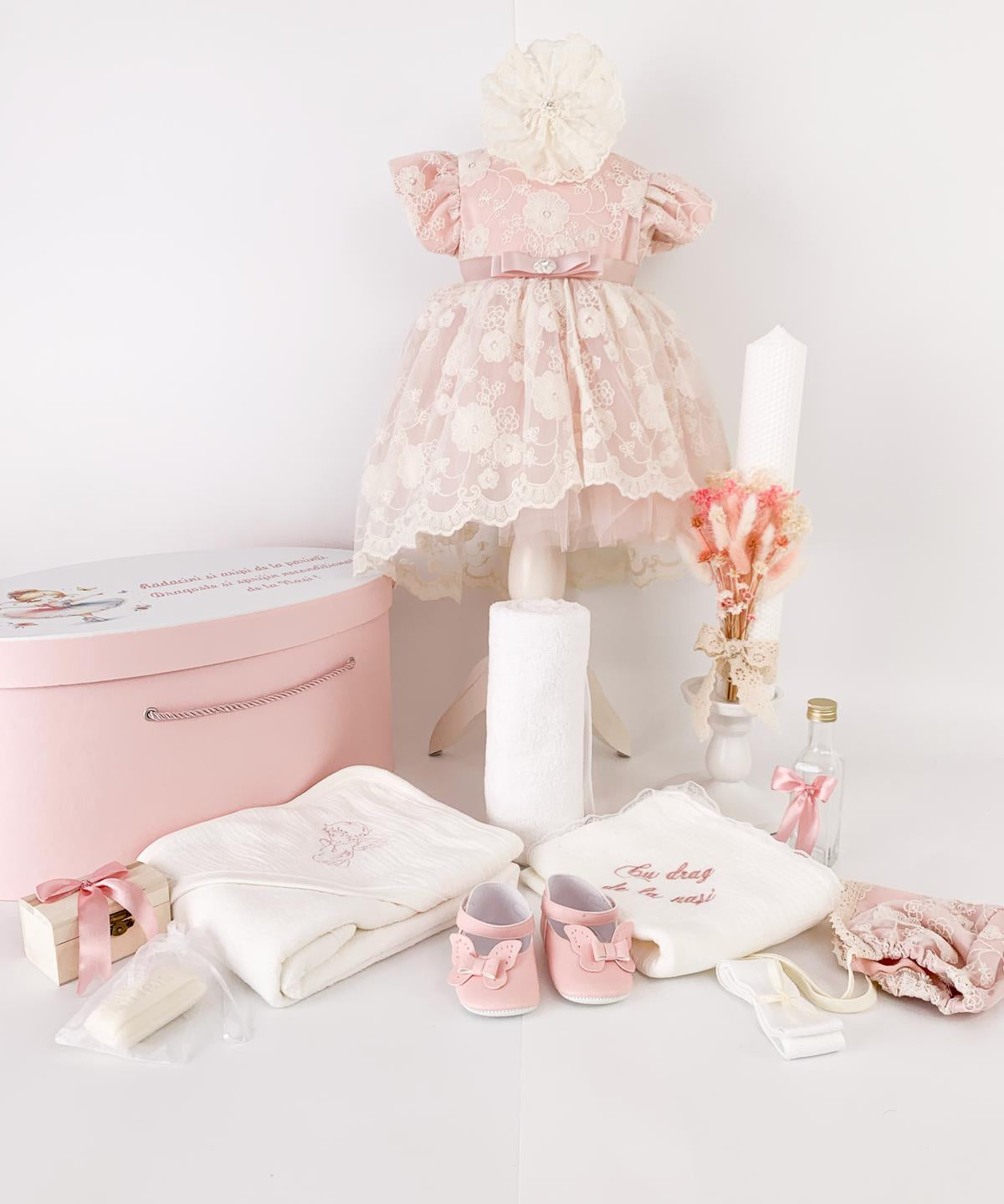 Trusou botez complet cu rochita eleganta si lumanare ceara naturala - Dania - Botez bebelusi